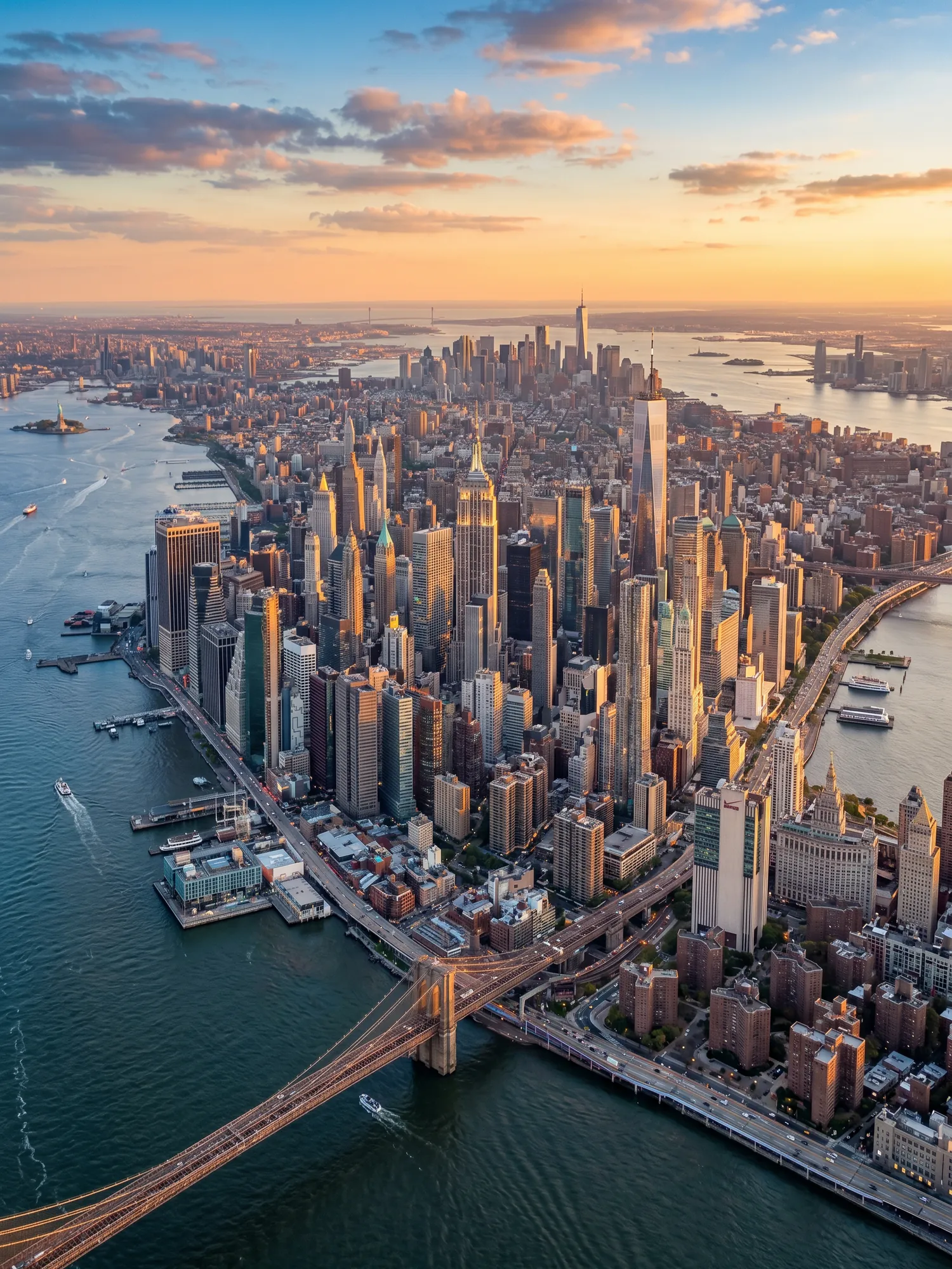 Panoramic aerial view of New York skyline at golden hour