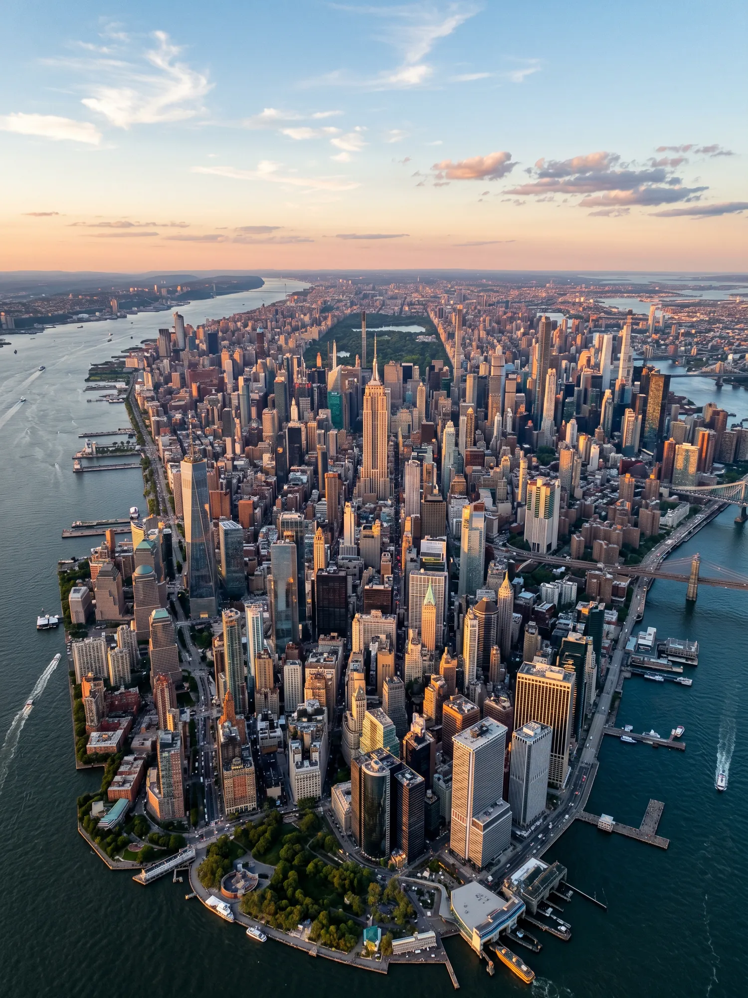 Panoramic aerial view of New York skyline at golden hour
