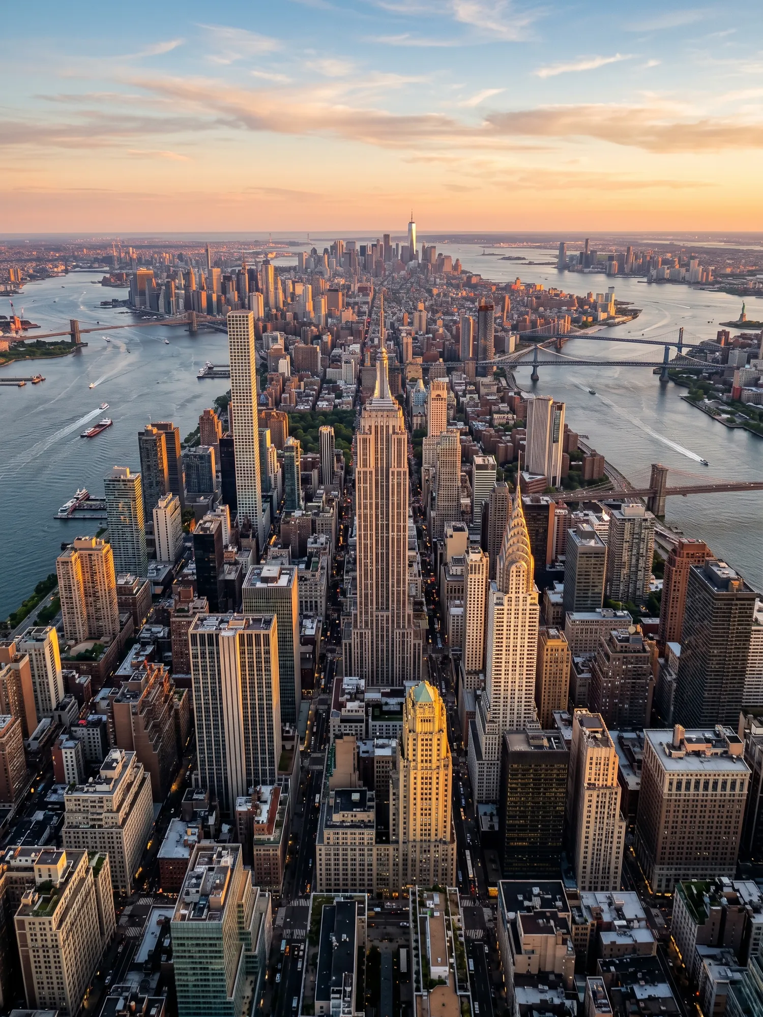 Panoramic aerial view of New York skyline at golden hour