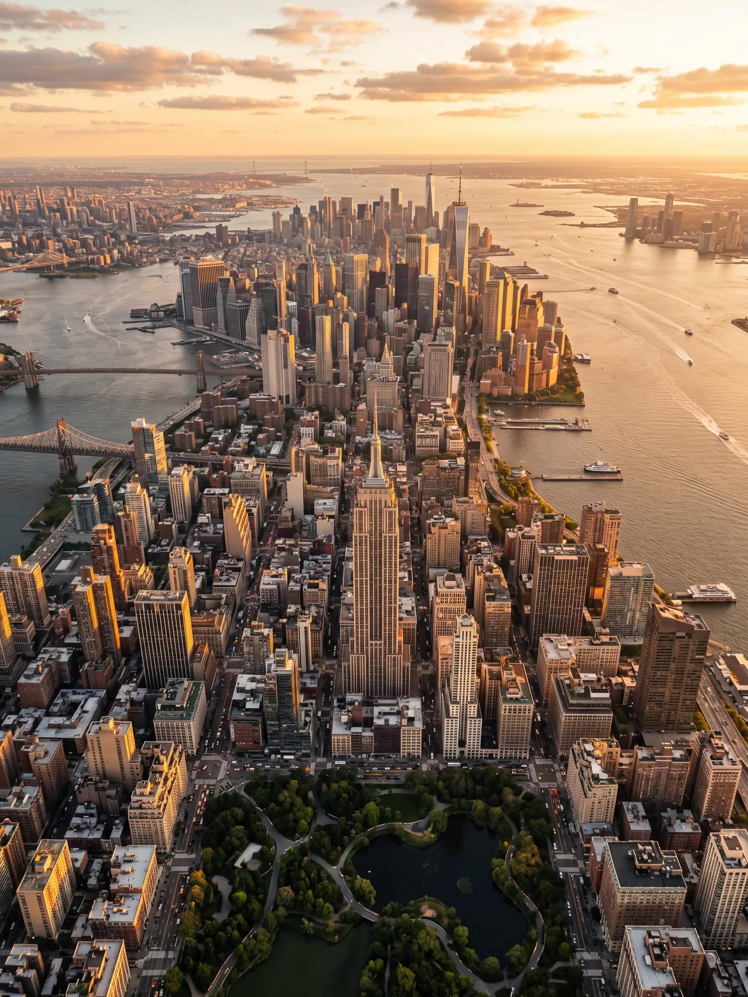 Panoramic aerial view of New York skyline at golden hour