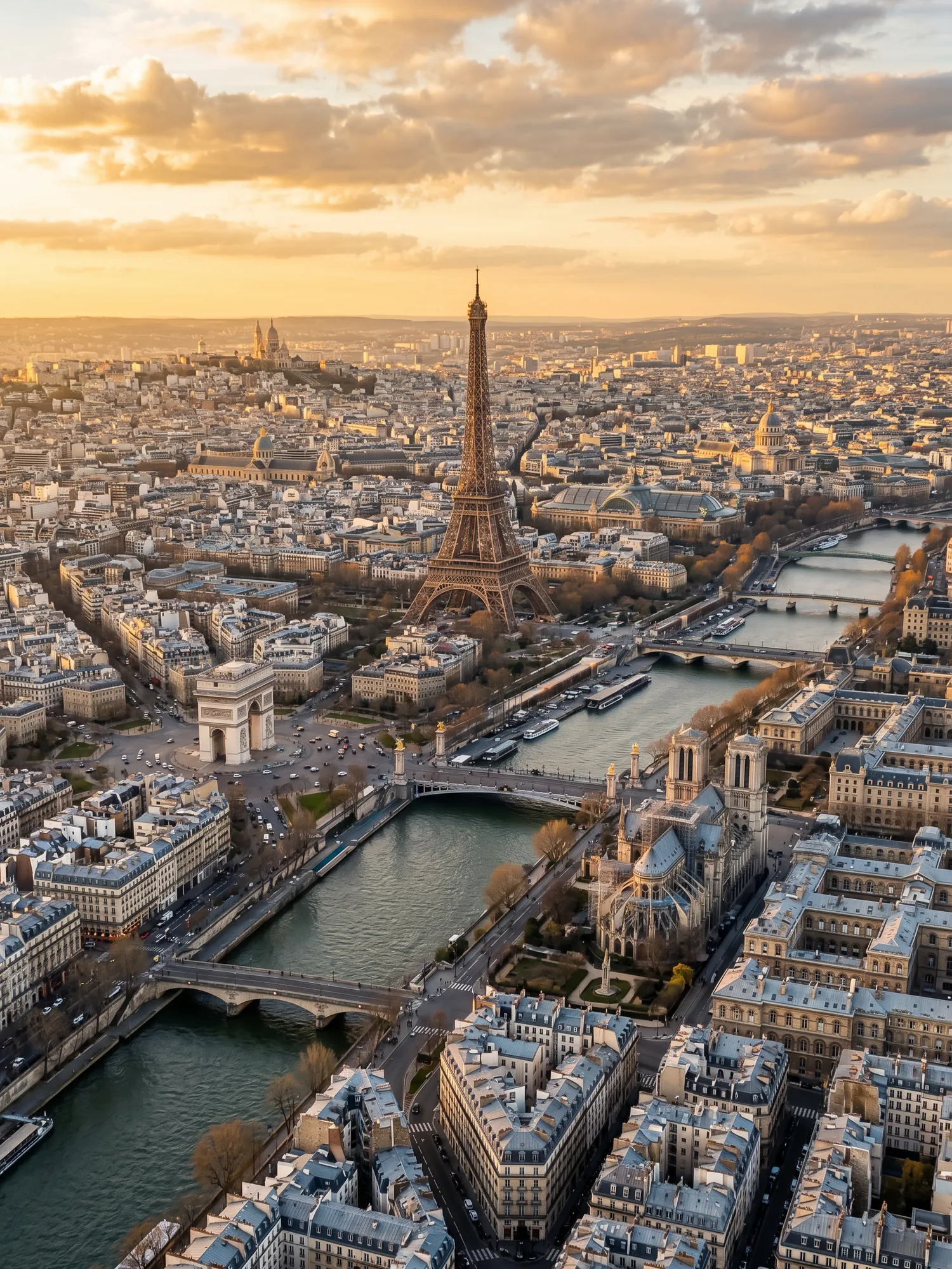 Panoramic aerial view of Paris skyline at golden hour