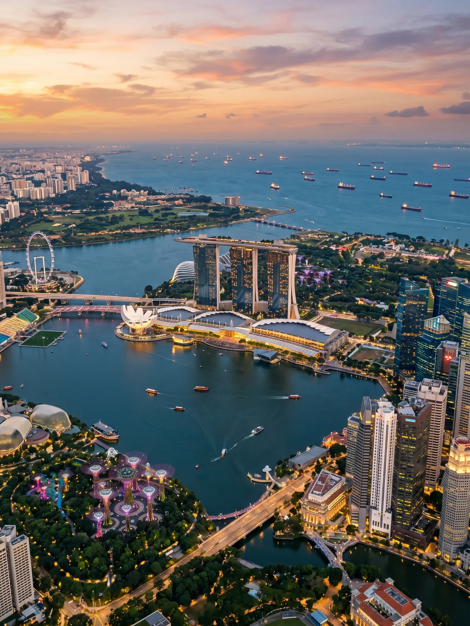Panoramic aerial view of Singapore skyline at golden hour