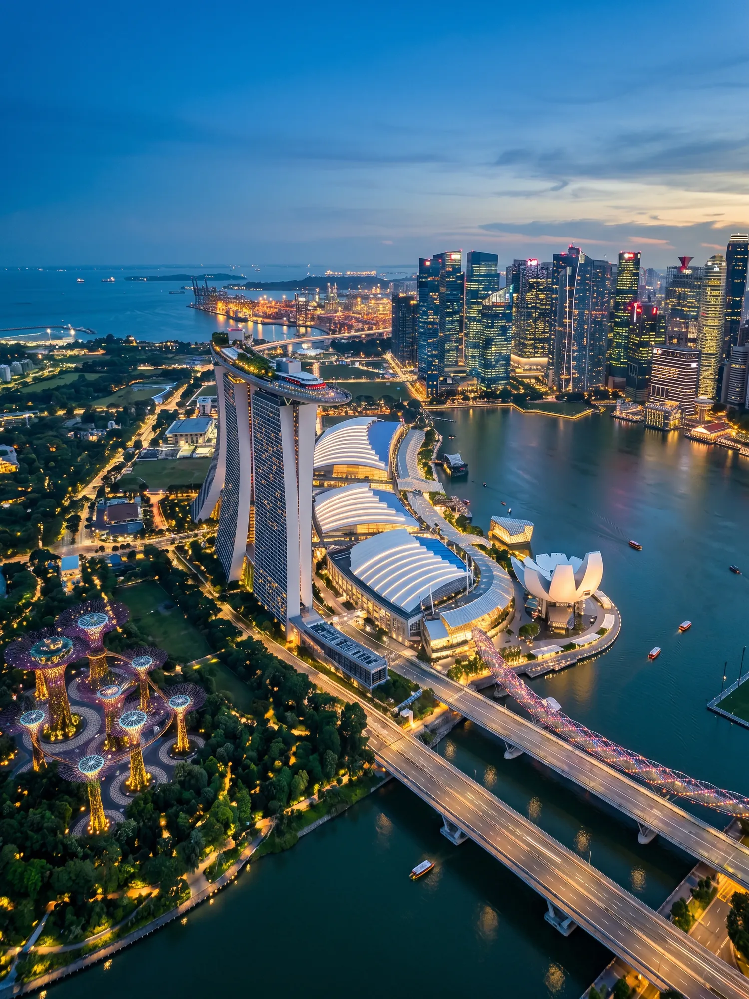 Panoramic aerial view of Singapore skyline at golden hour