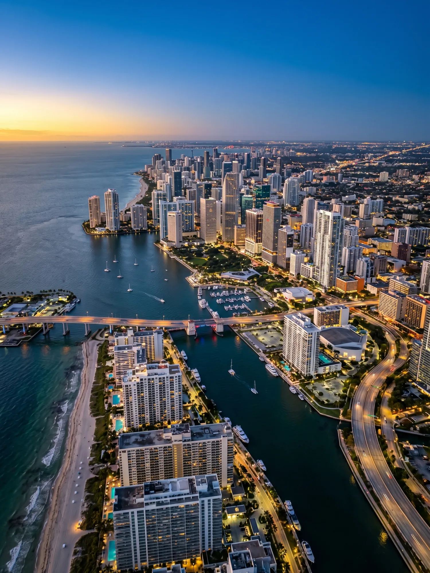 Panoramic aerial view of South Florida skyline at golden hour