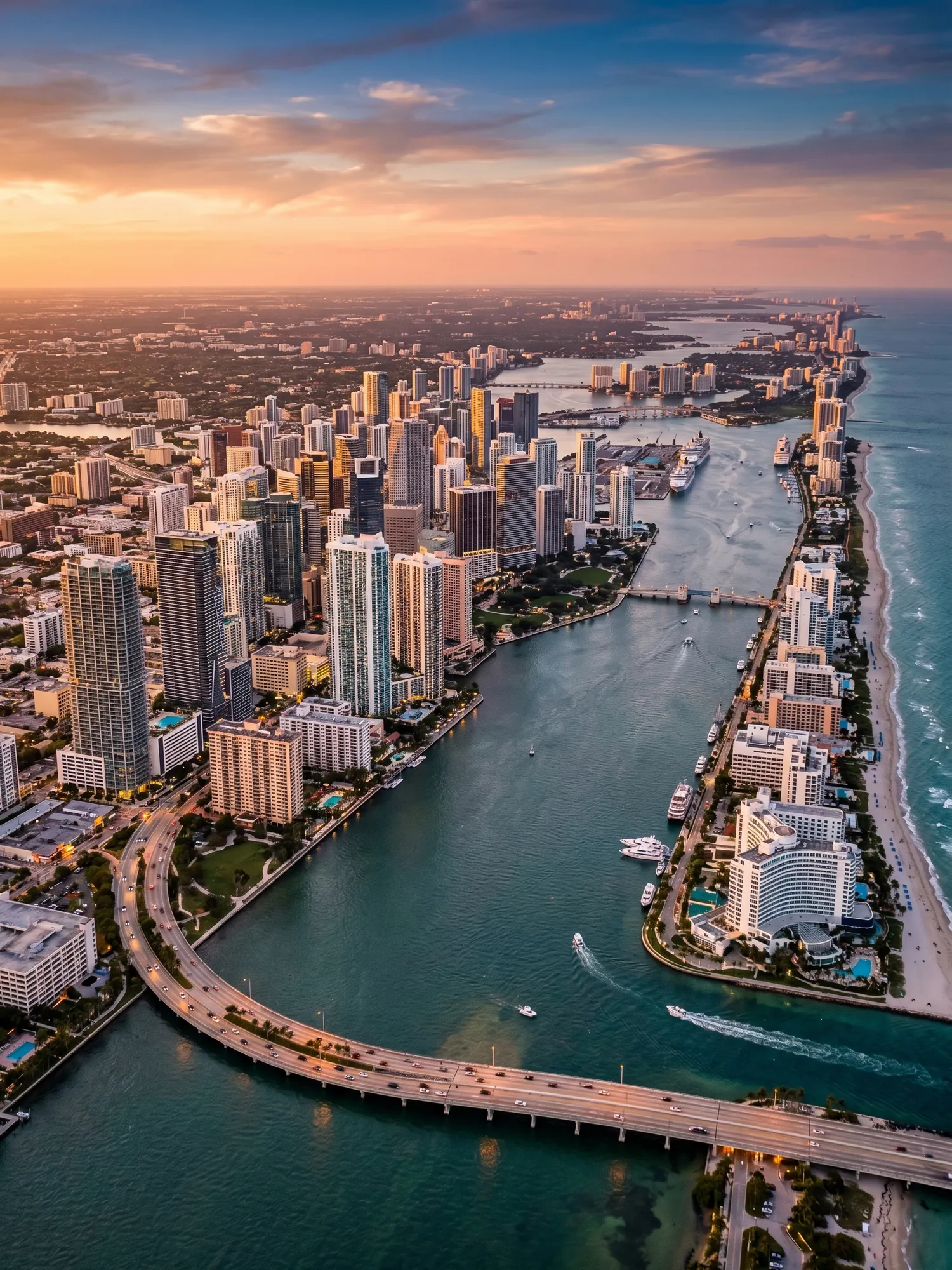 Panoramic aerial view of South Florida skyline at golden hour