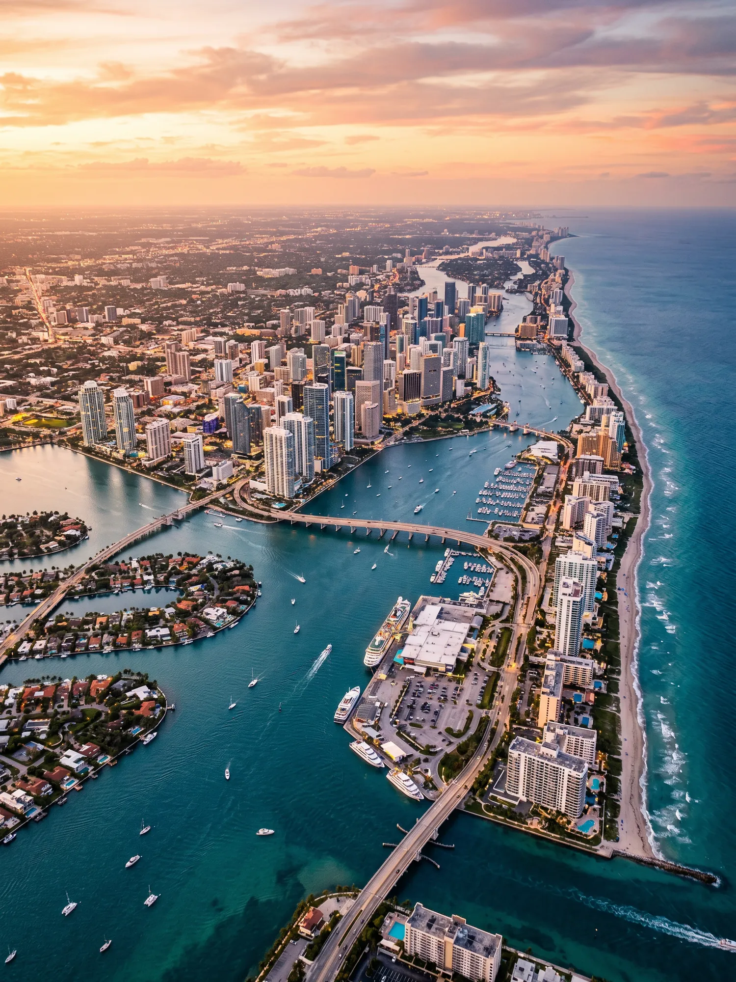 Panoramic aerial view of South Florida skyline at golden hour