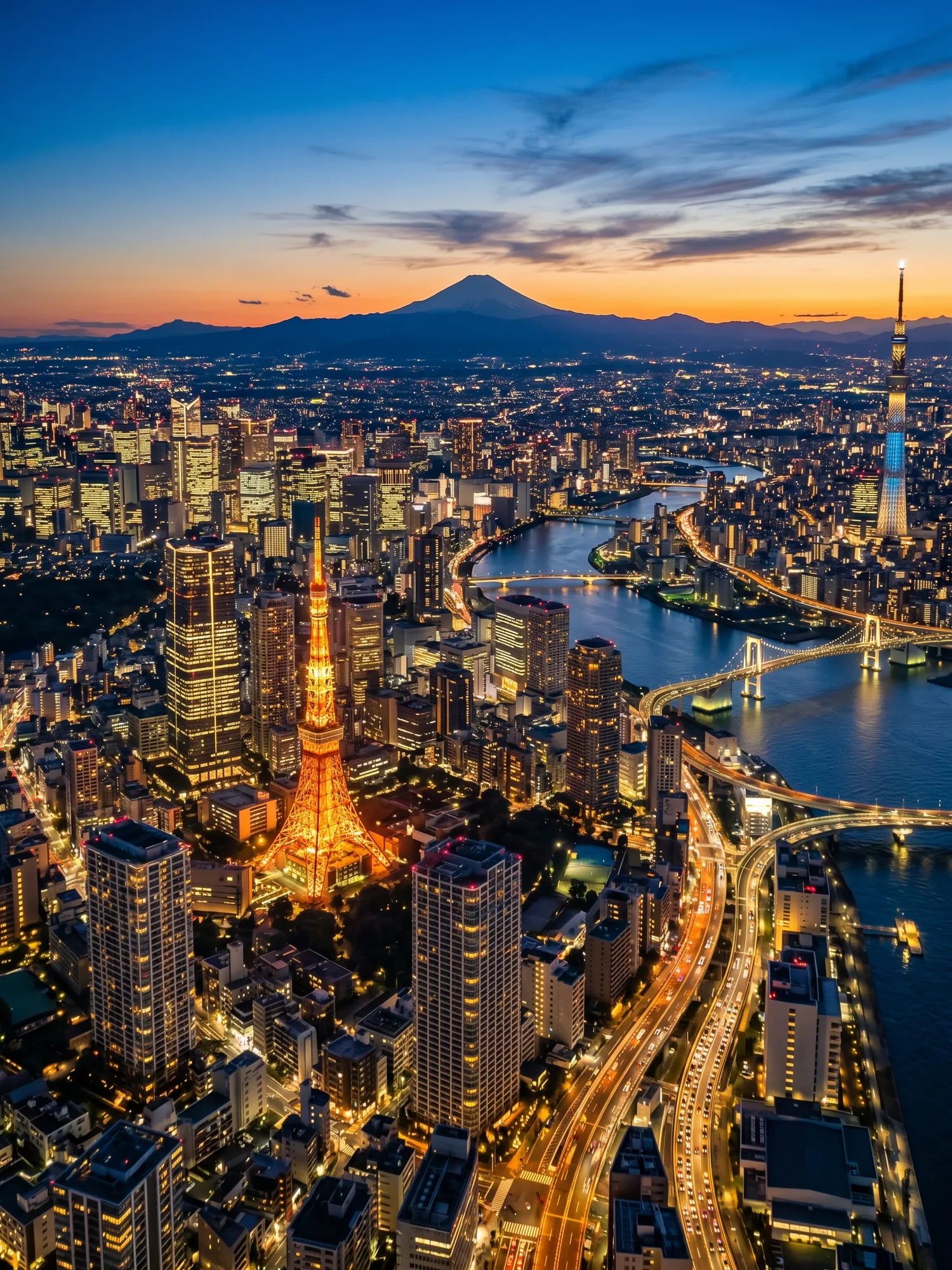 Panoramic aerial view of Tokyo skyline at golden hour