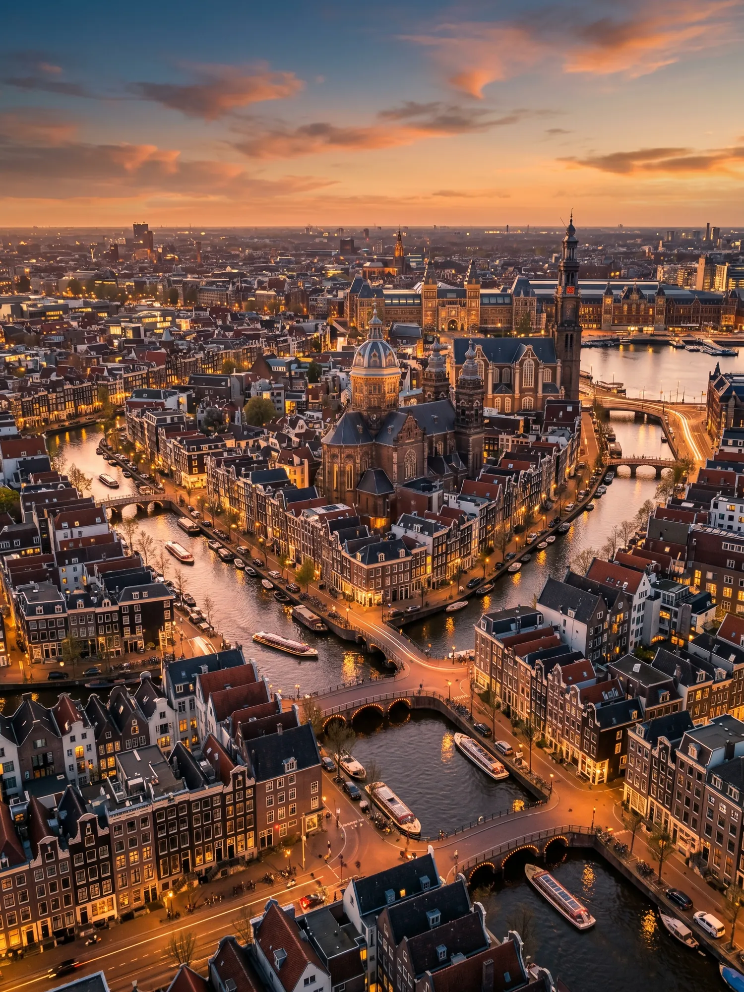 Image of Panoramic Cityscape View Of Amsterdam At Sunset