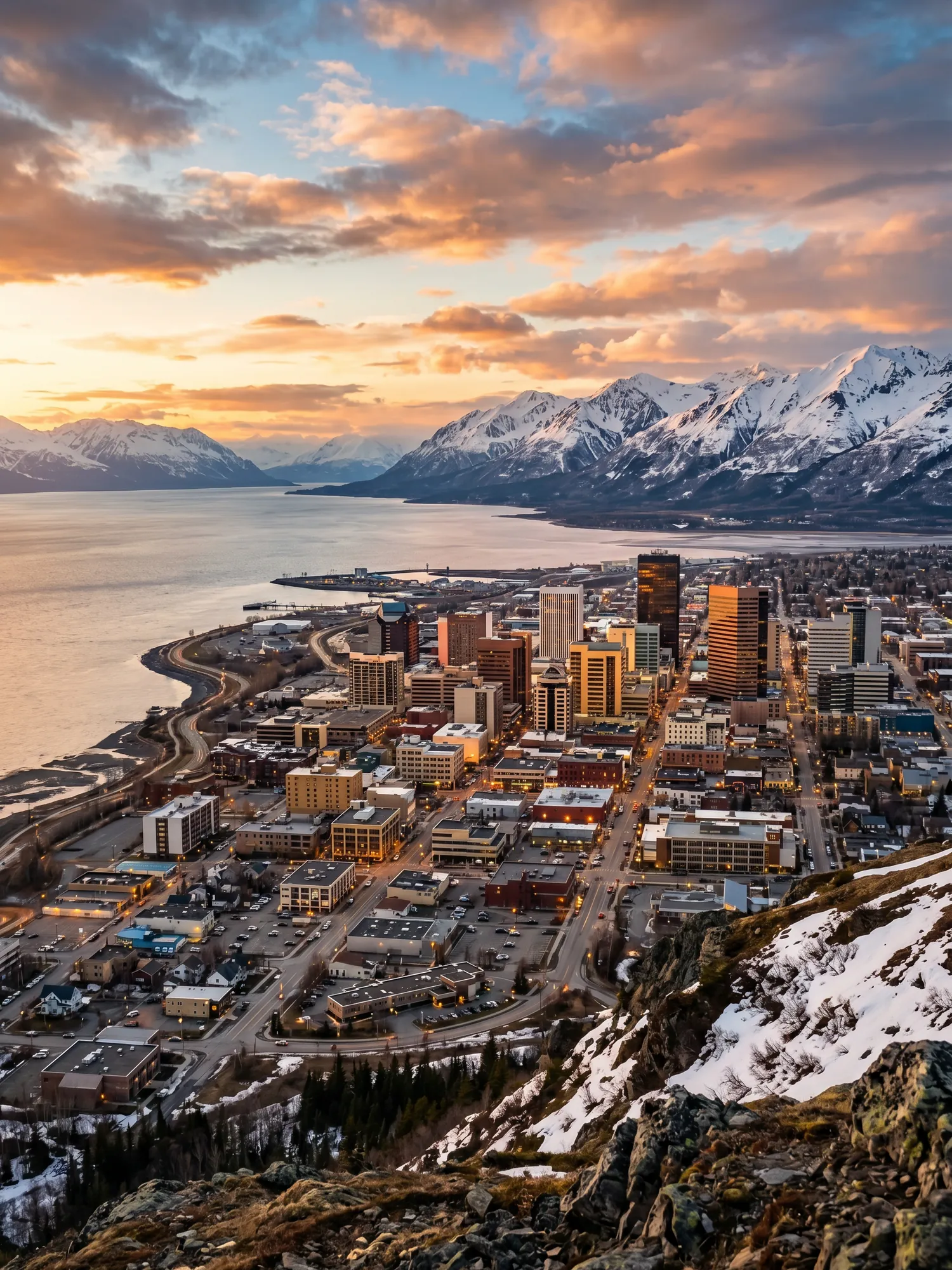 Image of Panoramic Cityscape View Of Anchorage At Sunset