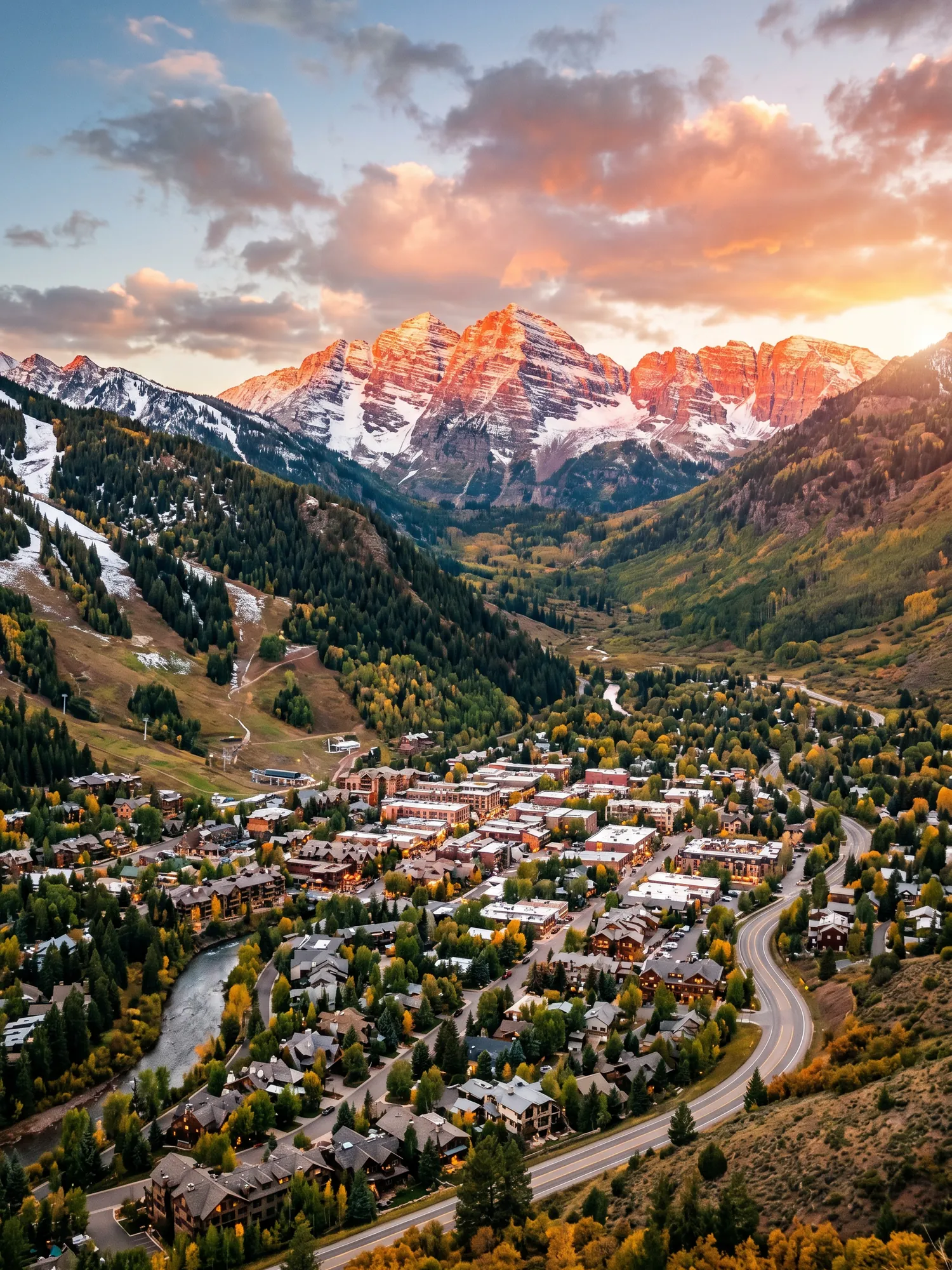Image of Panoramic Cityscape View Of Aspen At Sunset