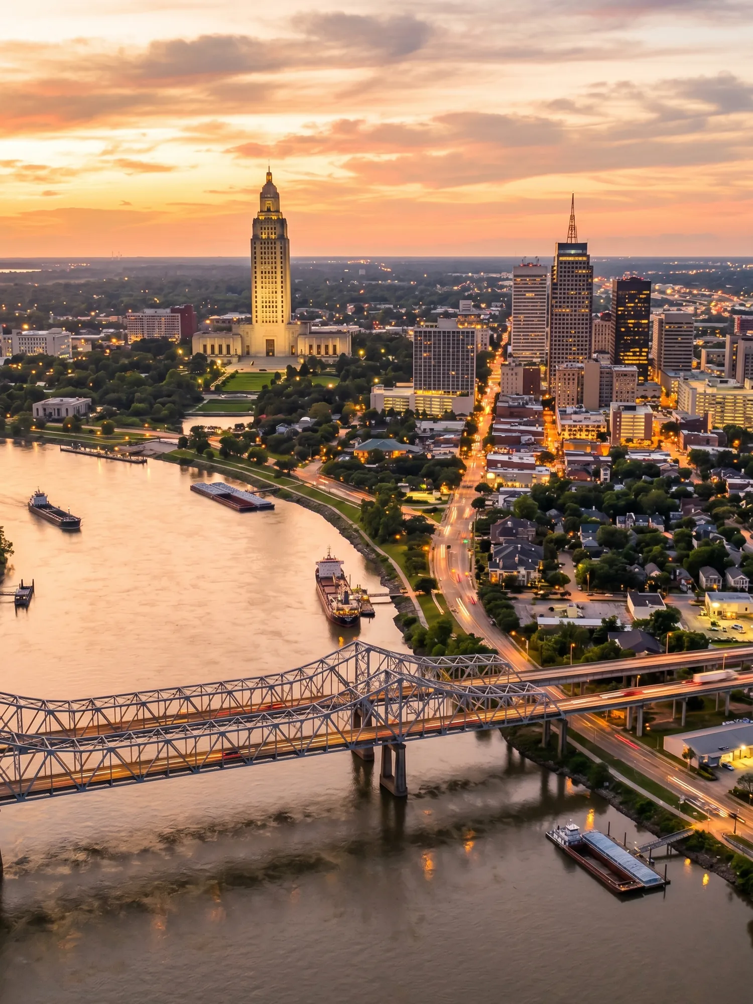 Image of Panoramic Cityscape View Of Baton Rouge At Sunset