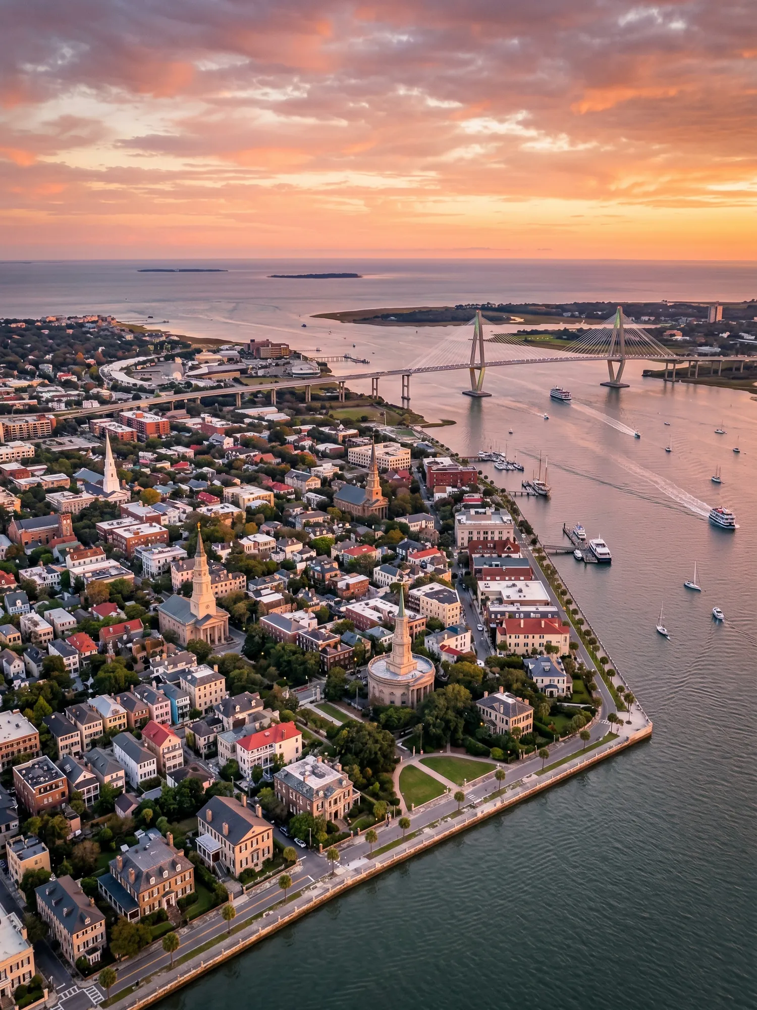 Image of Panoramic Cityscape View Of Charleston At Sunset