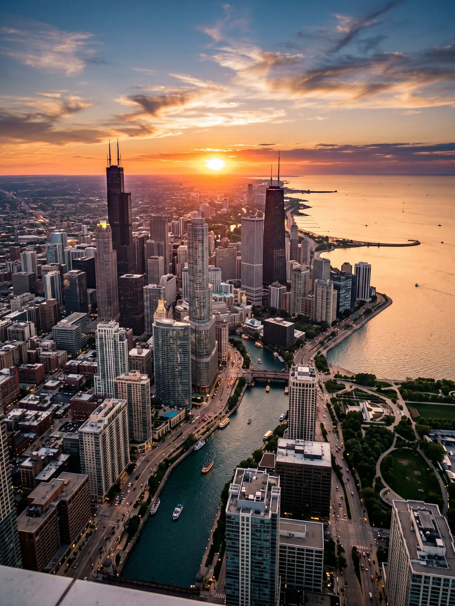 Image of Panoramic Cityscape View Of Chicago At Sunset