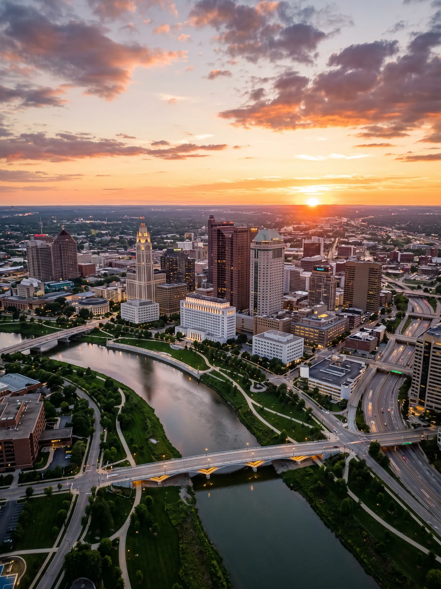 Image of Panoramic Cityscape View Of Columbus At Sunset