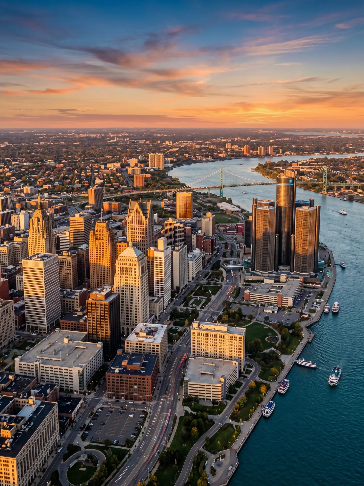 Image of Panoramic Cityscape View Of Detroit At Sunset