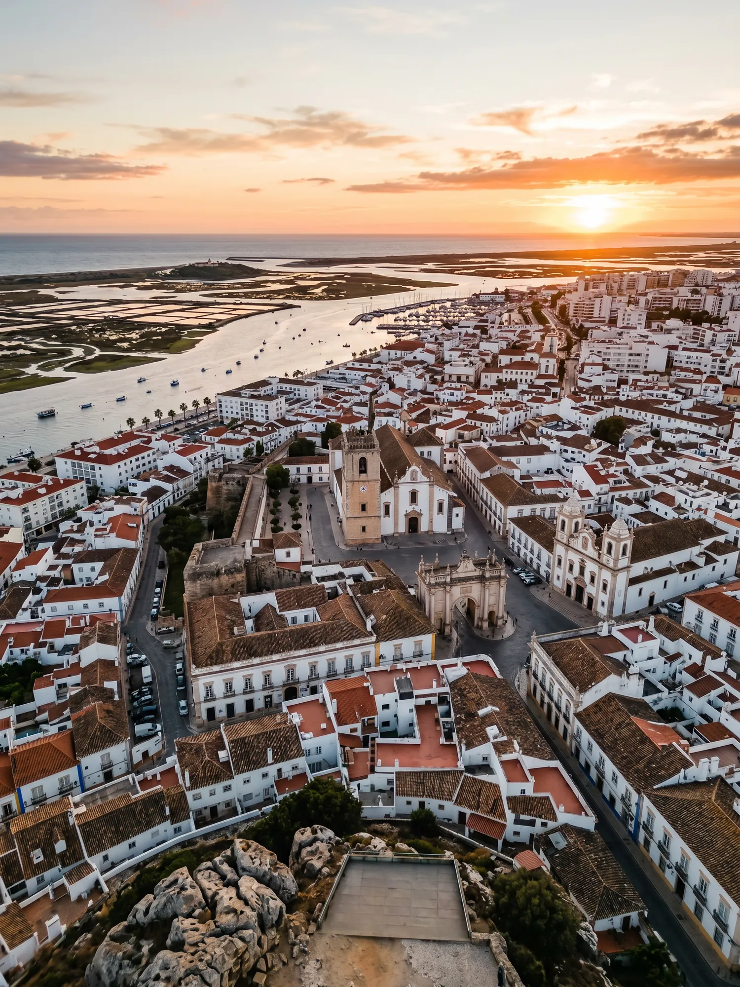 Image of Panoramic Cityscape View Of Faro At Sunset