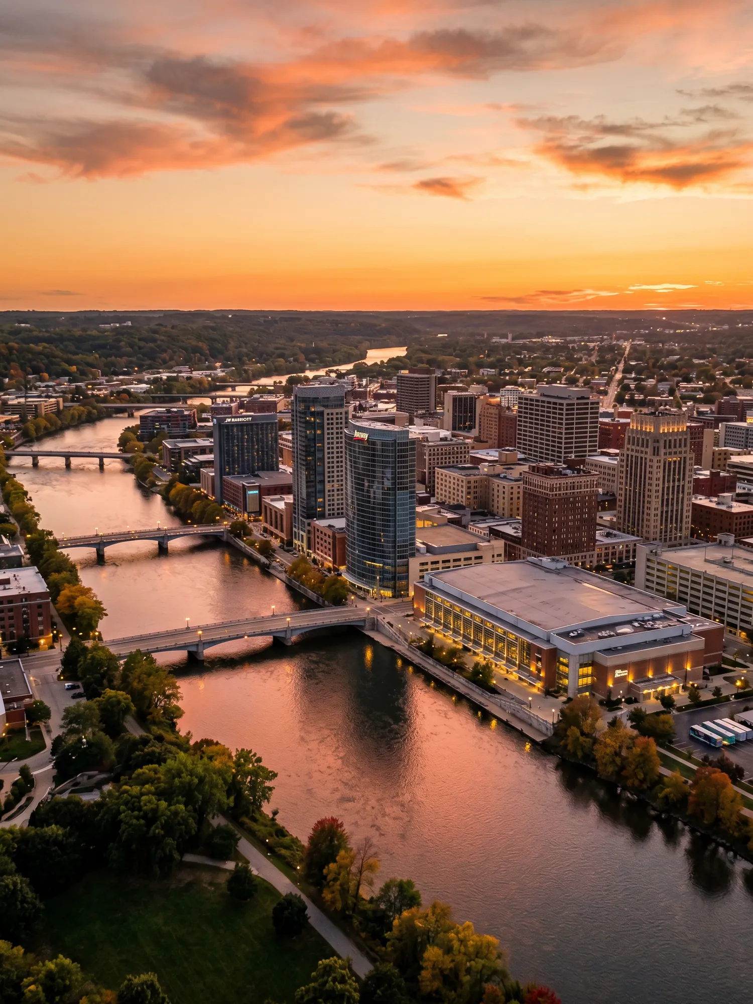 Image of Panoramic Cityscape View Of Grand Rapids At Sunset