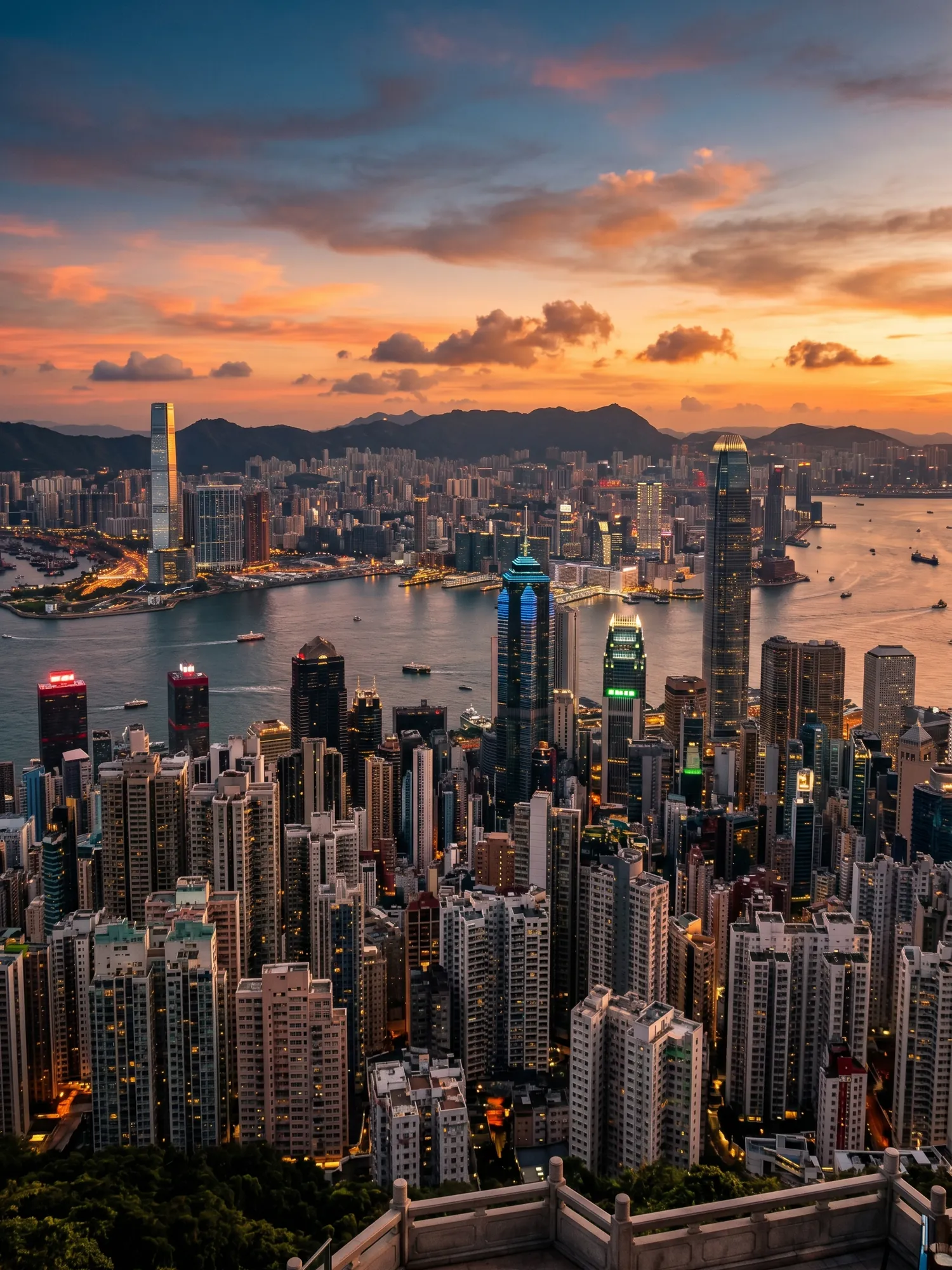 Image of Panoramic Cityscape View Of Hong Kong At Sunset