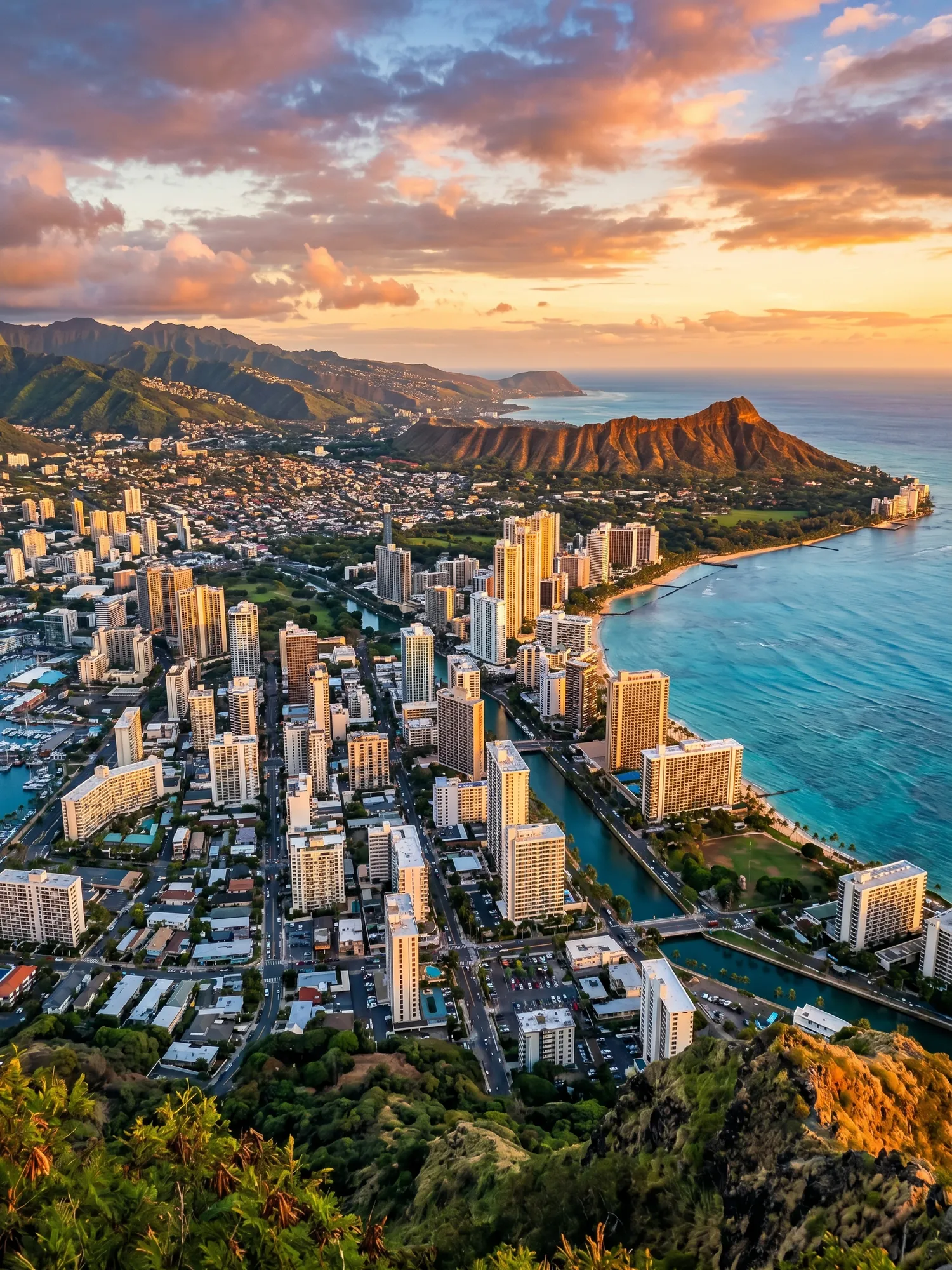 Image of Panoramic Cityscape View Of Honolulu At Sunset