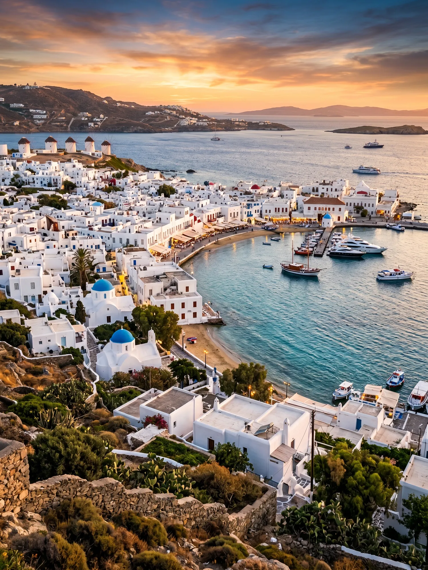Image of Panoramic Cityscape View Of Mykonos At Sunset