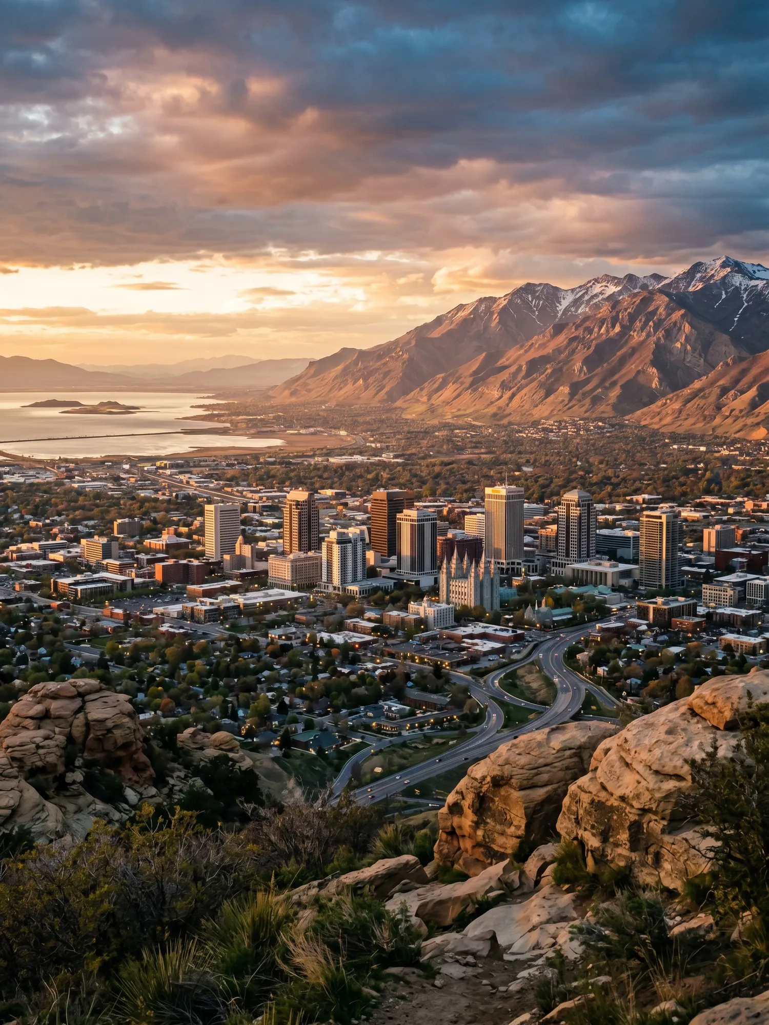 Image of Panoramic Cityscape View Of Salt Lake City At Sunset