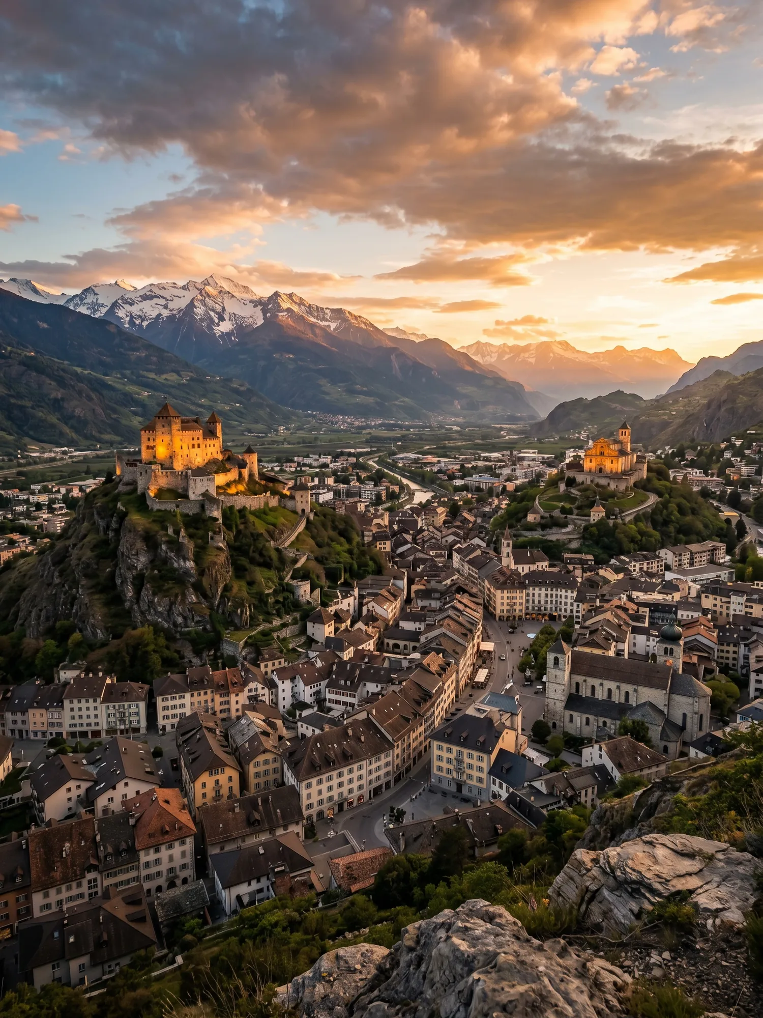 Image of Panoramic Cityscape View Of Sion At Sunset