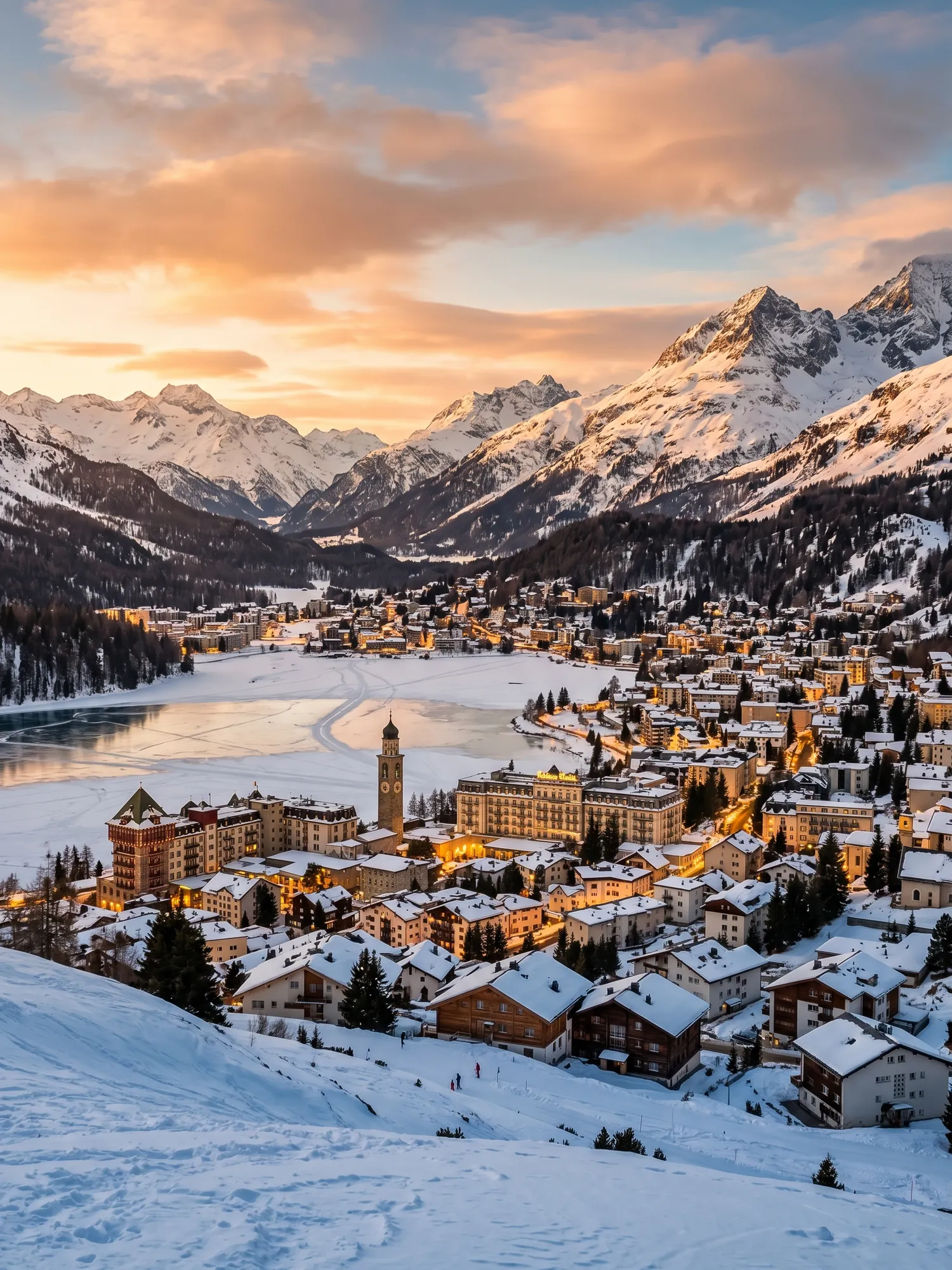 Image of Panoramic Cityscape View Of St Moritz At Sunset