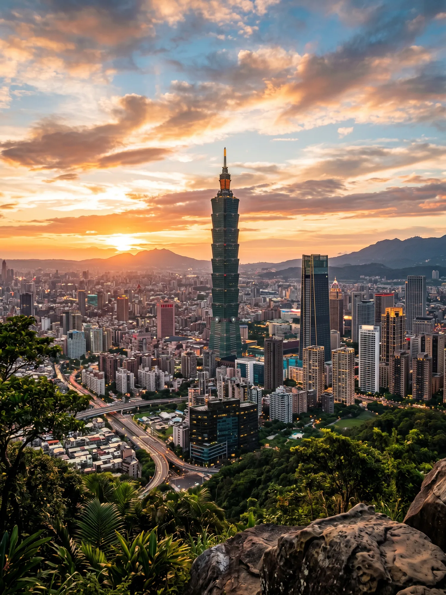 Image of Panoramic Cityscape View Of Taipei At Sunset