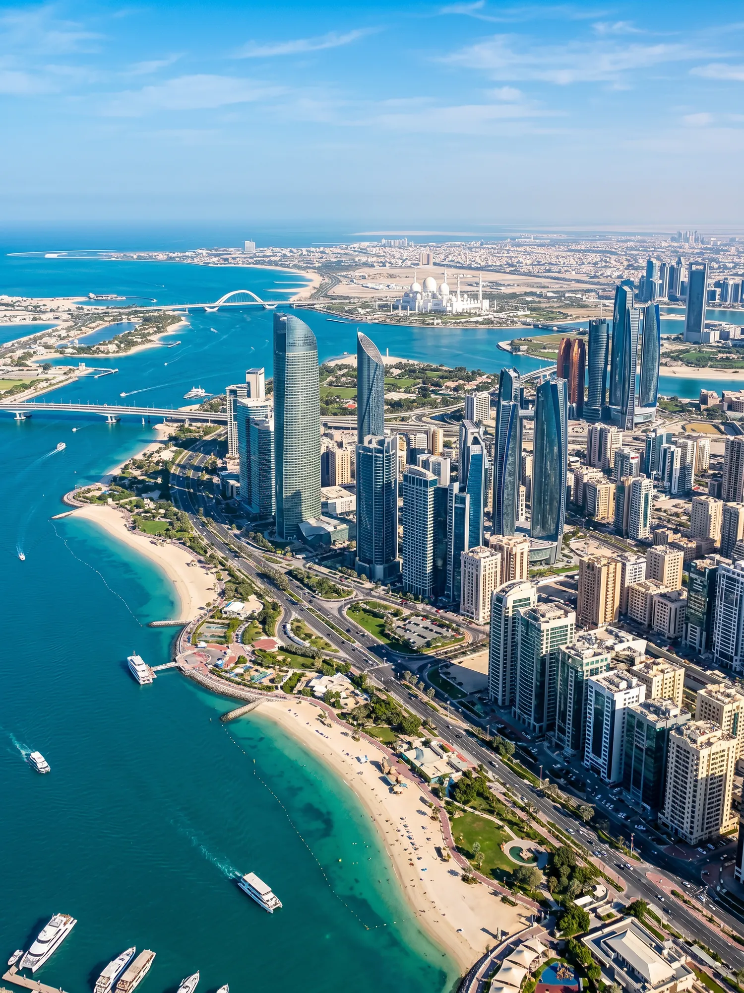 Panoramic aerial view of Abu Dhabi skyline at golden hour
