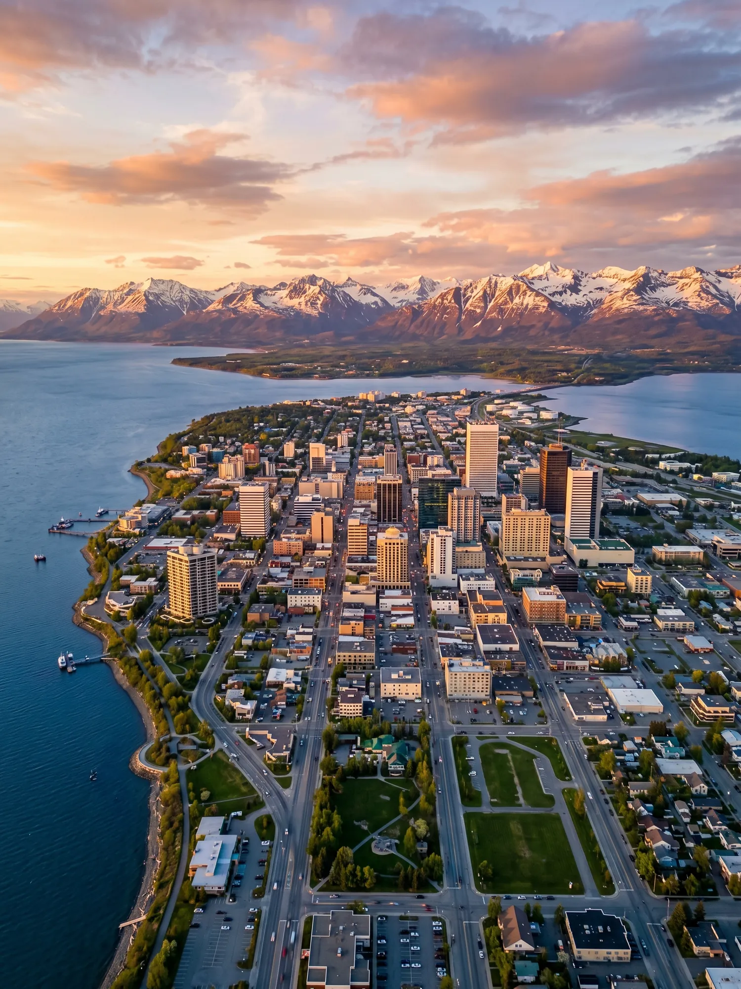 Panoramic aerial view of Anchorage skyline at golden hour