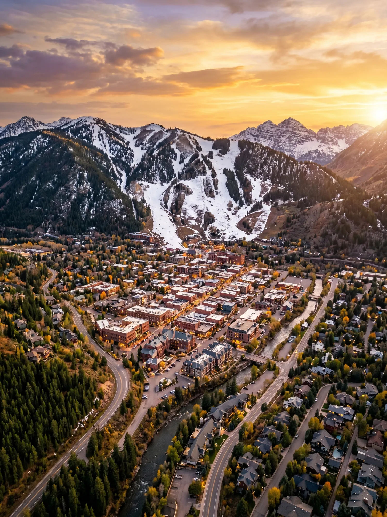 Panoramic aerial view of Aspen skyline at golden hour