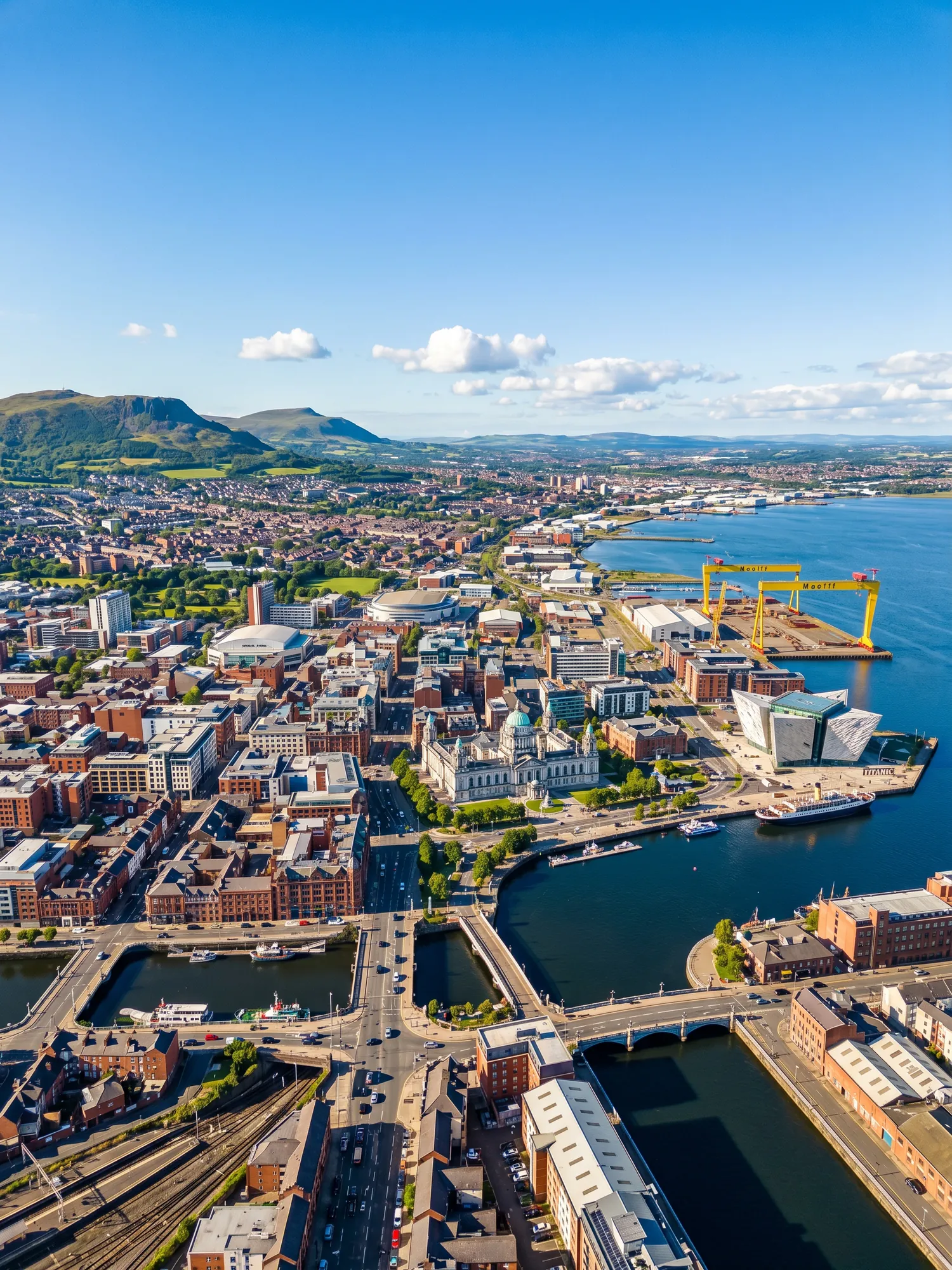 Panoramic aerial view of Belfast skyline at golden hour