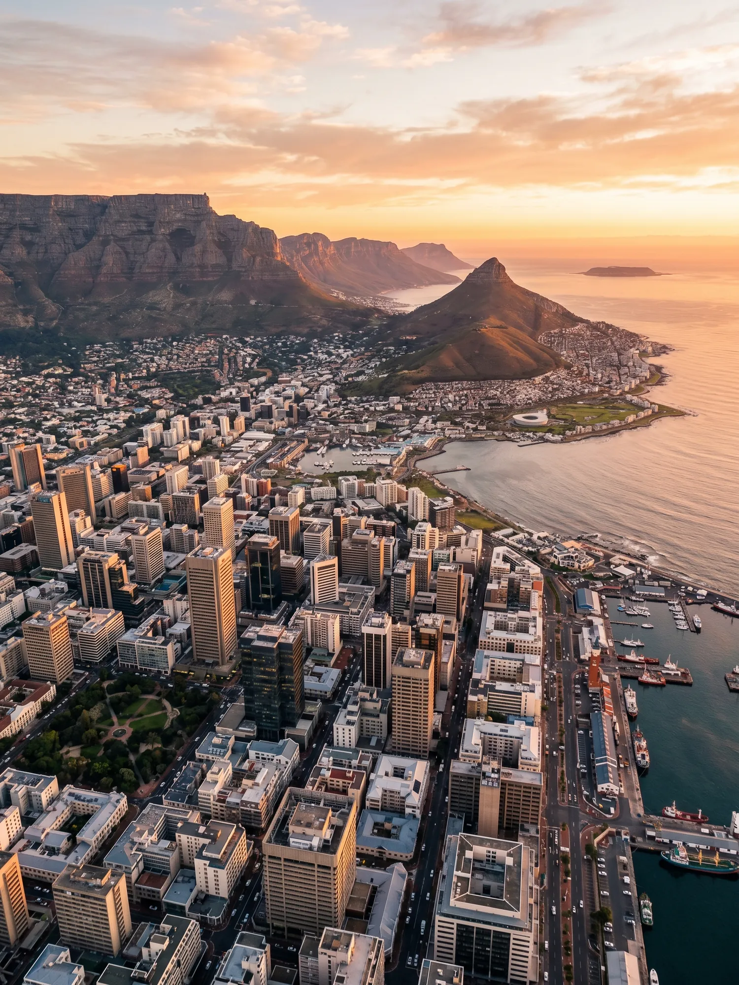 Panoramic aerial view of Cape Town skyline at golden hour