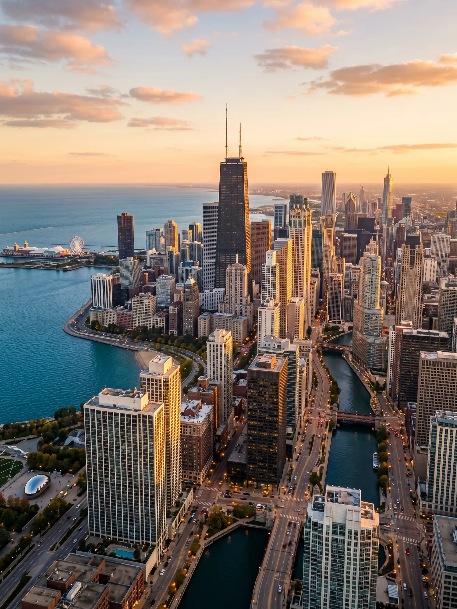 Panoramic aerial view of Chicago skyline at golden hour