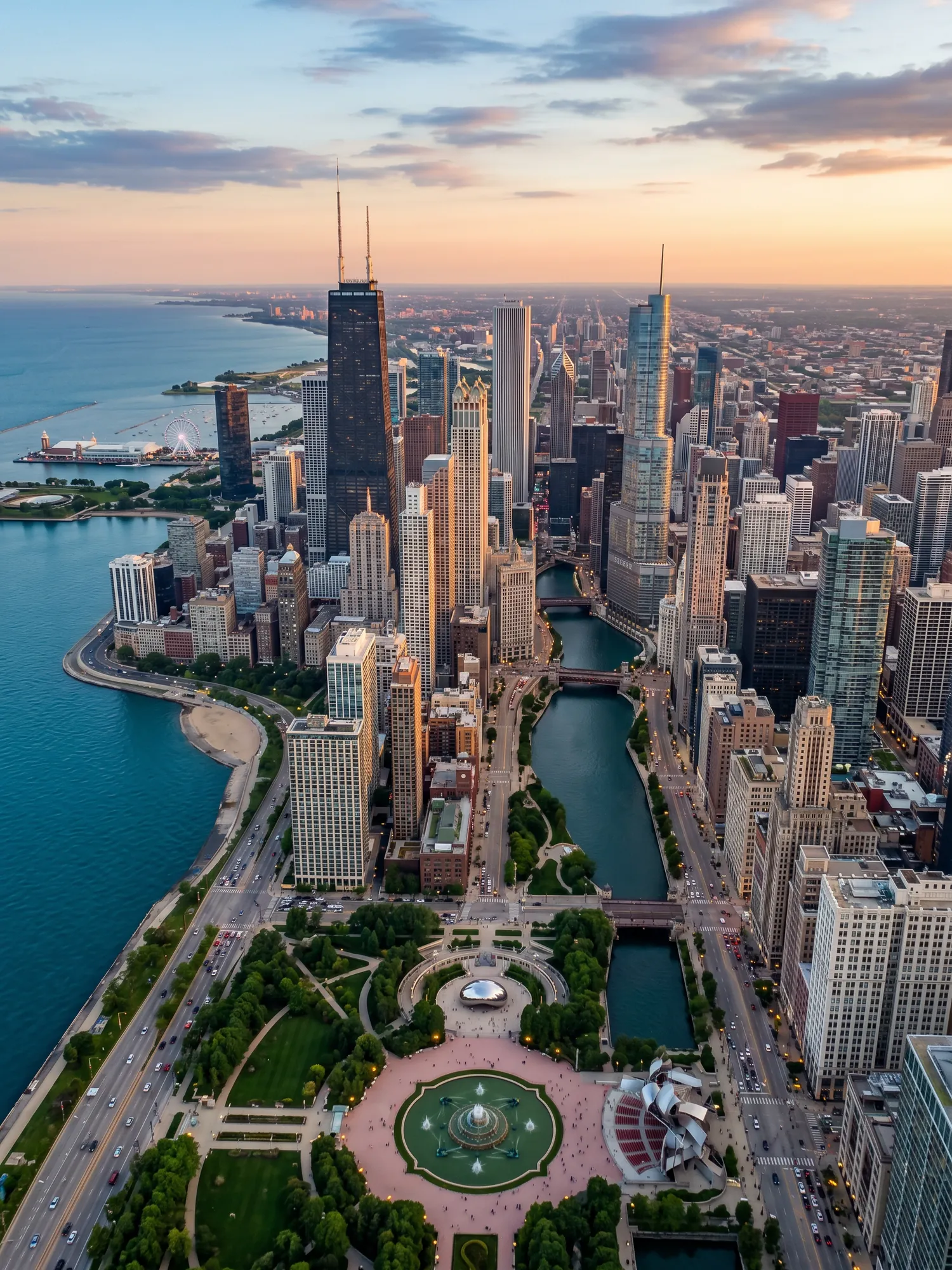 Panoramic aerial view of Chicago skyline at golden hour