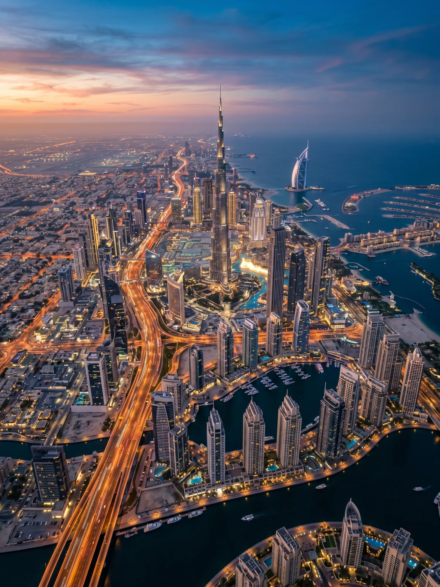 Panoramic aerial view of Dubai skyline at golden hour