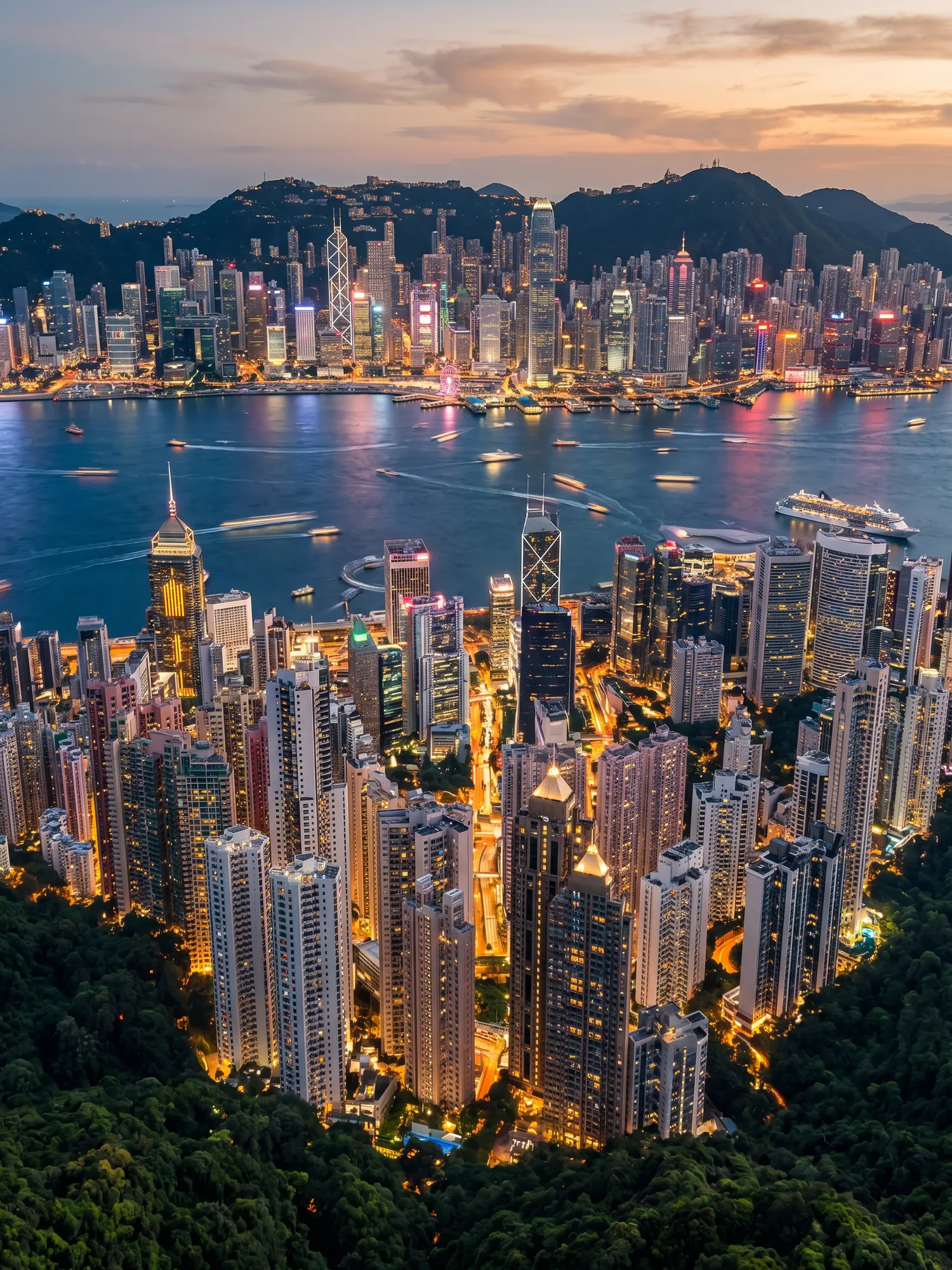 Panoramic aerial view of Hong Kong skyline at golden hour