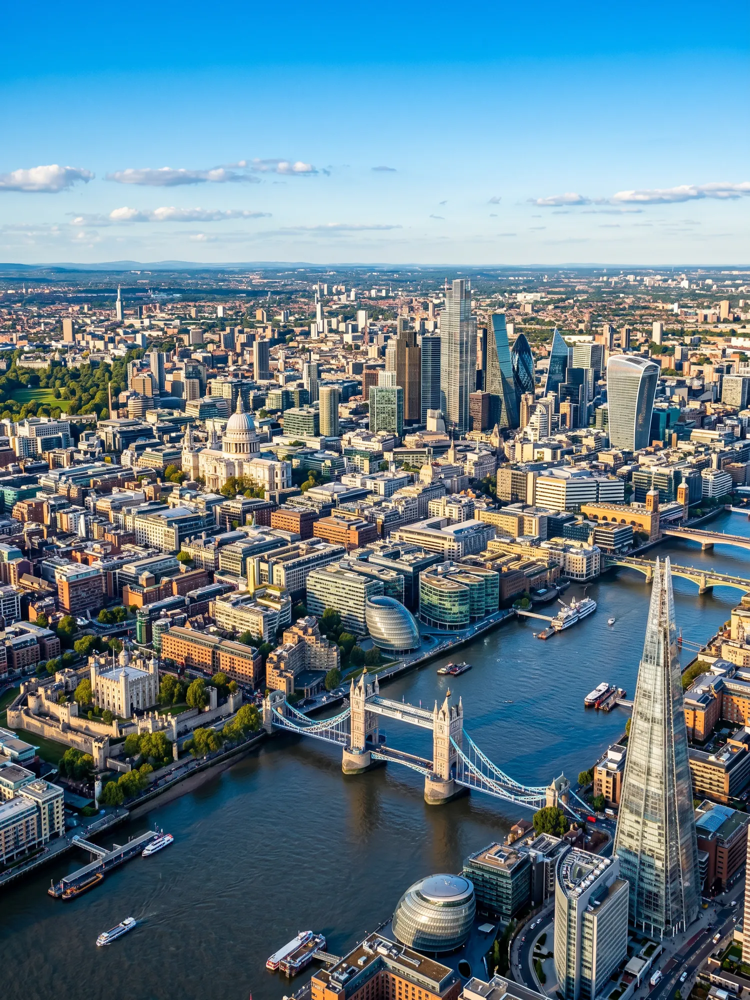 Panoramic aerial view of London skyline at golden hour