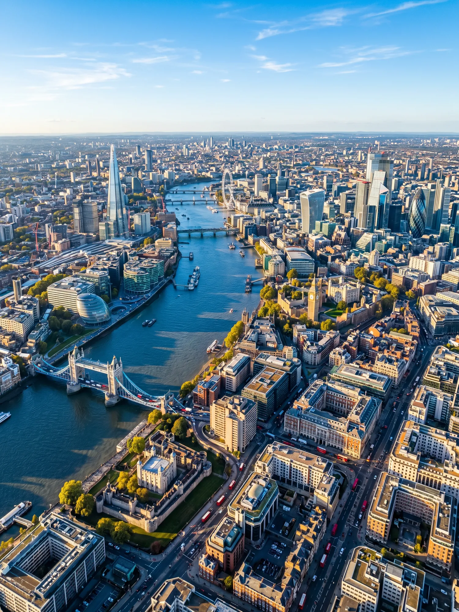 Panoramic aerial view of London skyline at golden hour