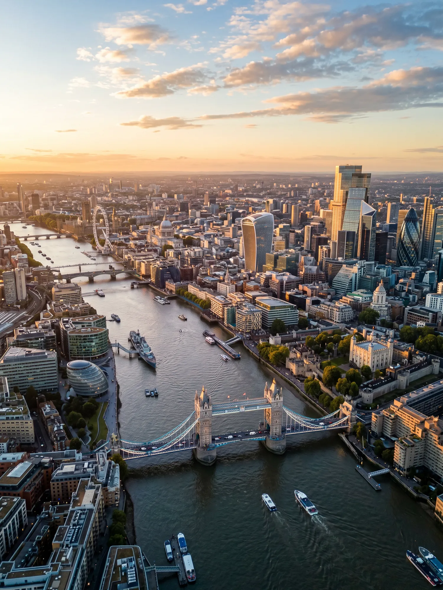 Panoramic aerial view of London skyline at golden hour