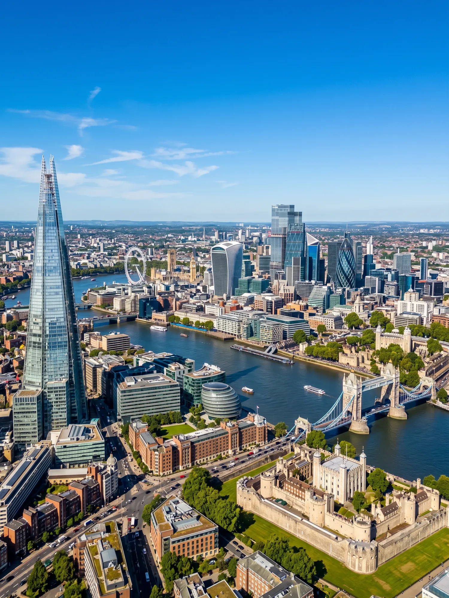 Panoramic aerial view of London skyline in bright daylight