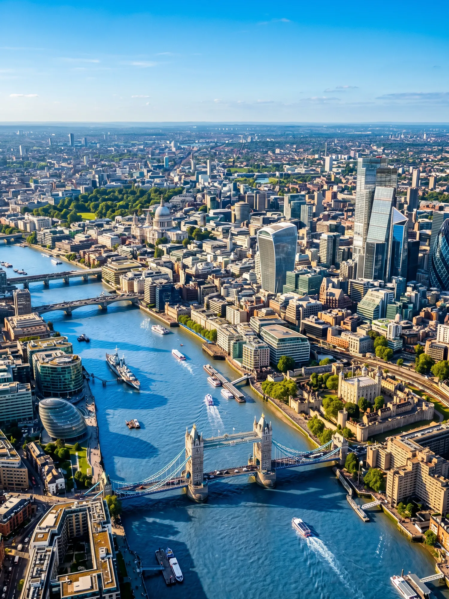 Panoramic aerial view of London skyline in bright daylight