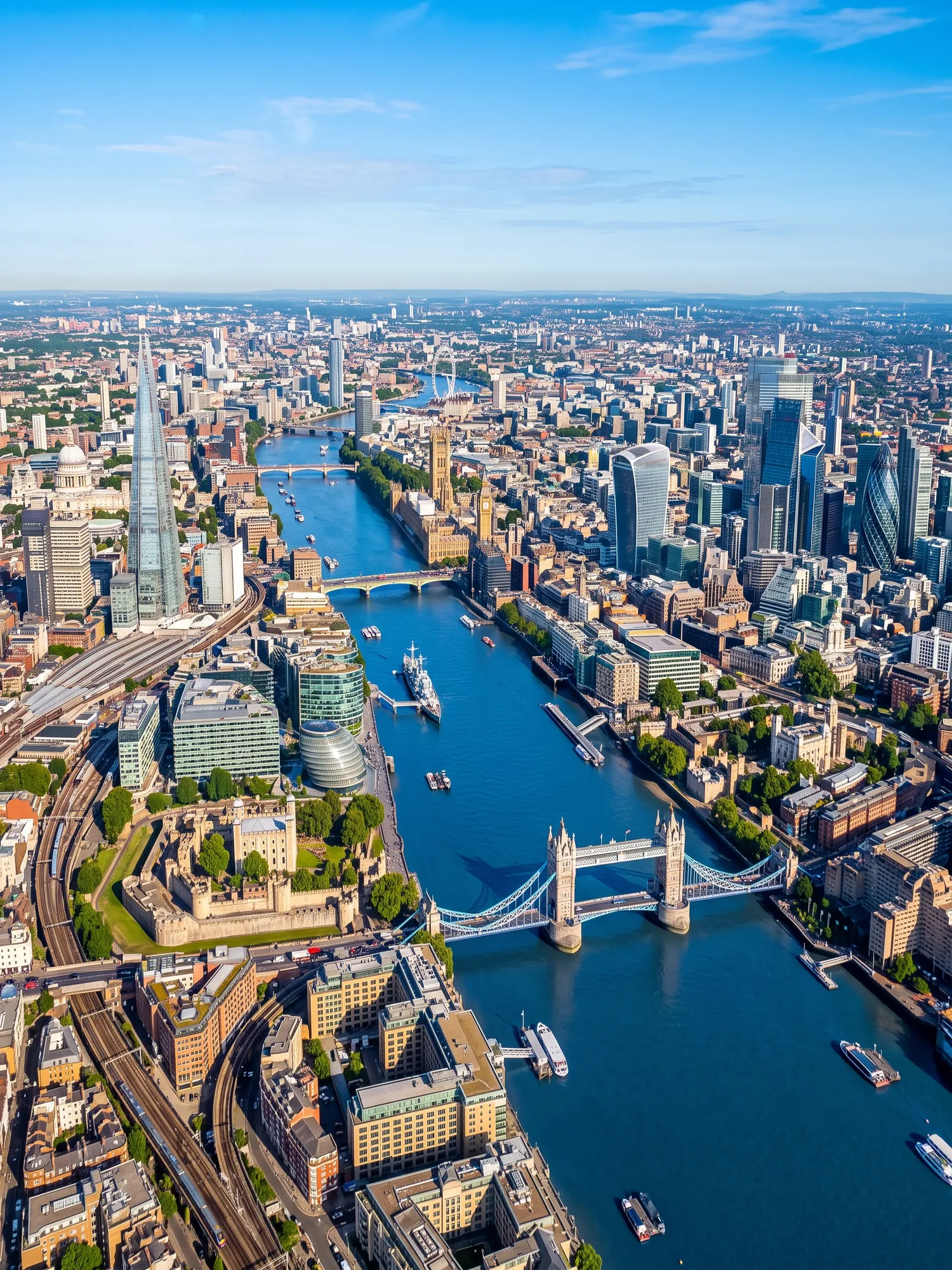 Panoramic aerial view of London skyline in bright daylight