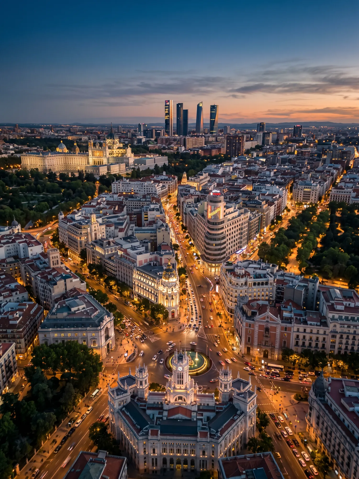Panoramic aerial view of Madrid skyline at golden hour