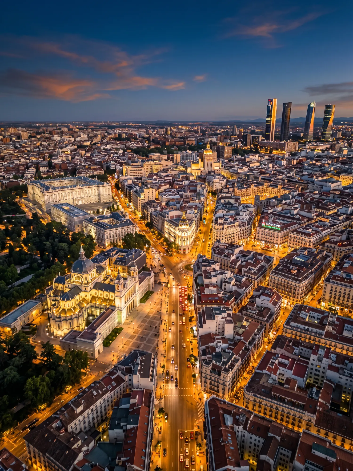 Panoramic aerial view of Madrid skyline at golden hour
