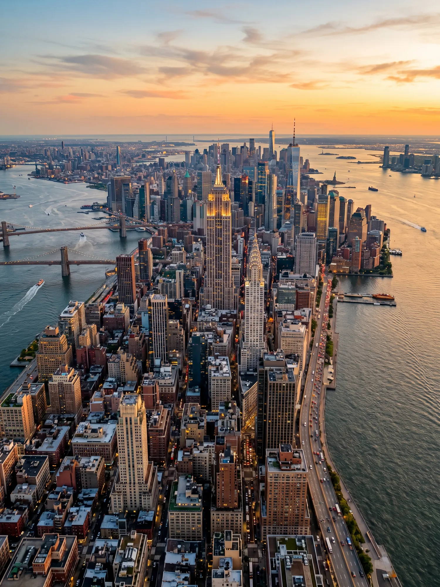 Panoramic aerial view of New York skyline at golden hour