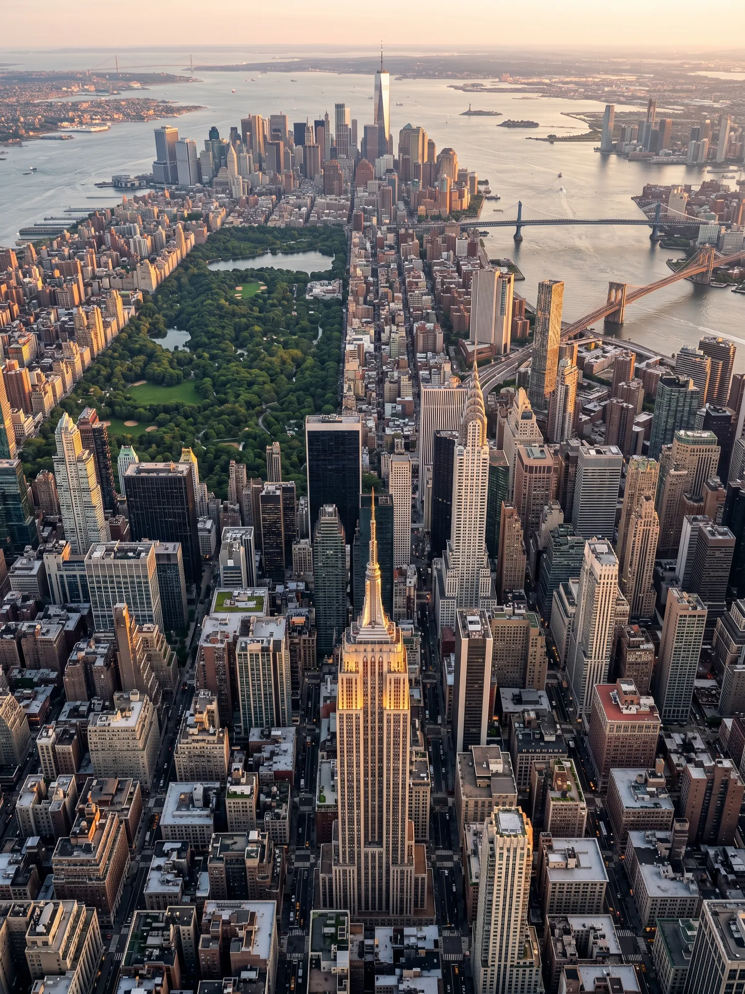 Panoramic aerial view of New York skyline at golden hour