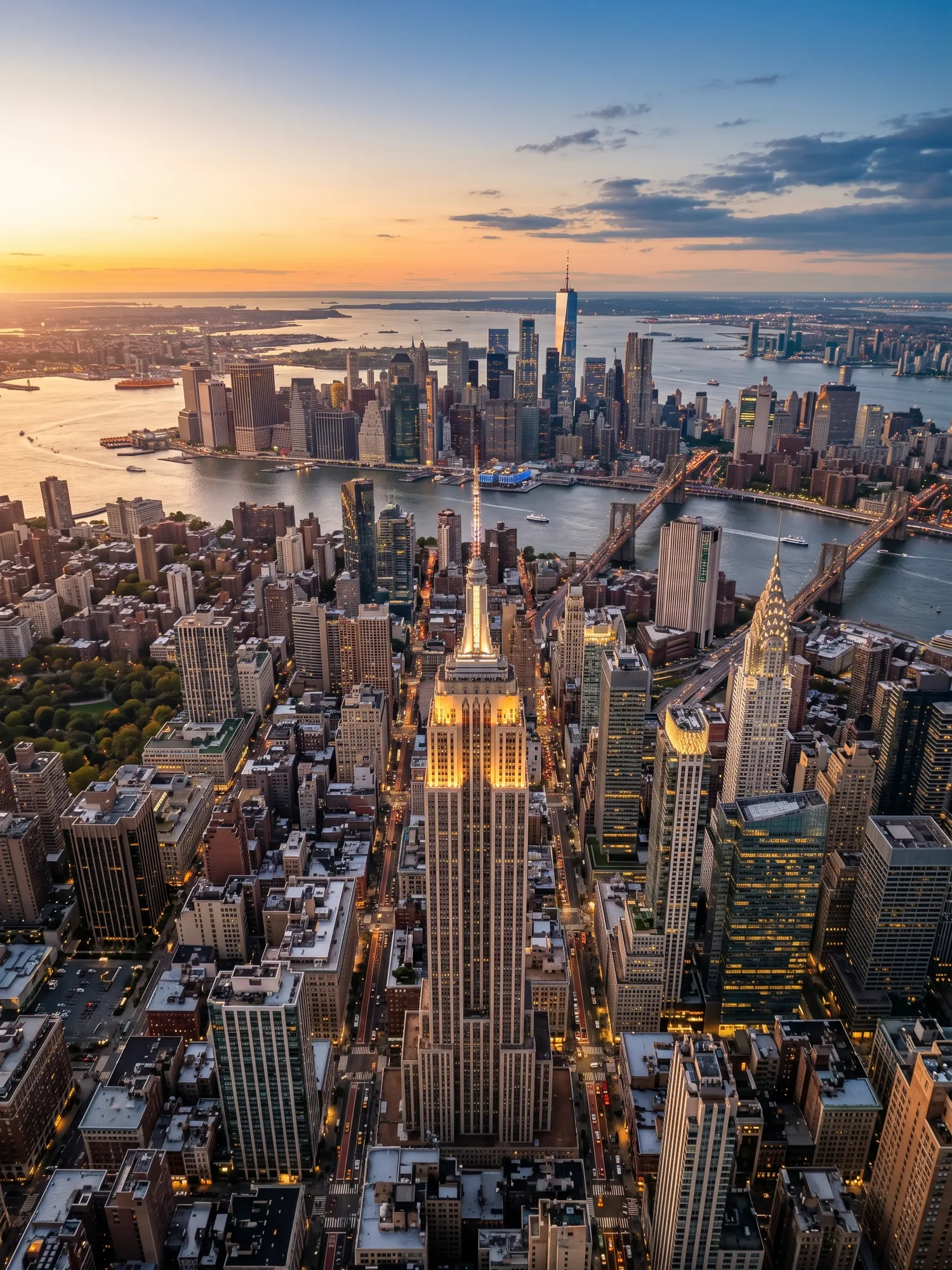 Panoramic aerial view of New York skyline at golden hour