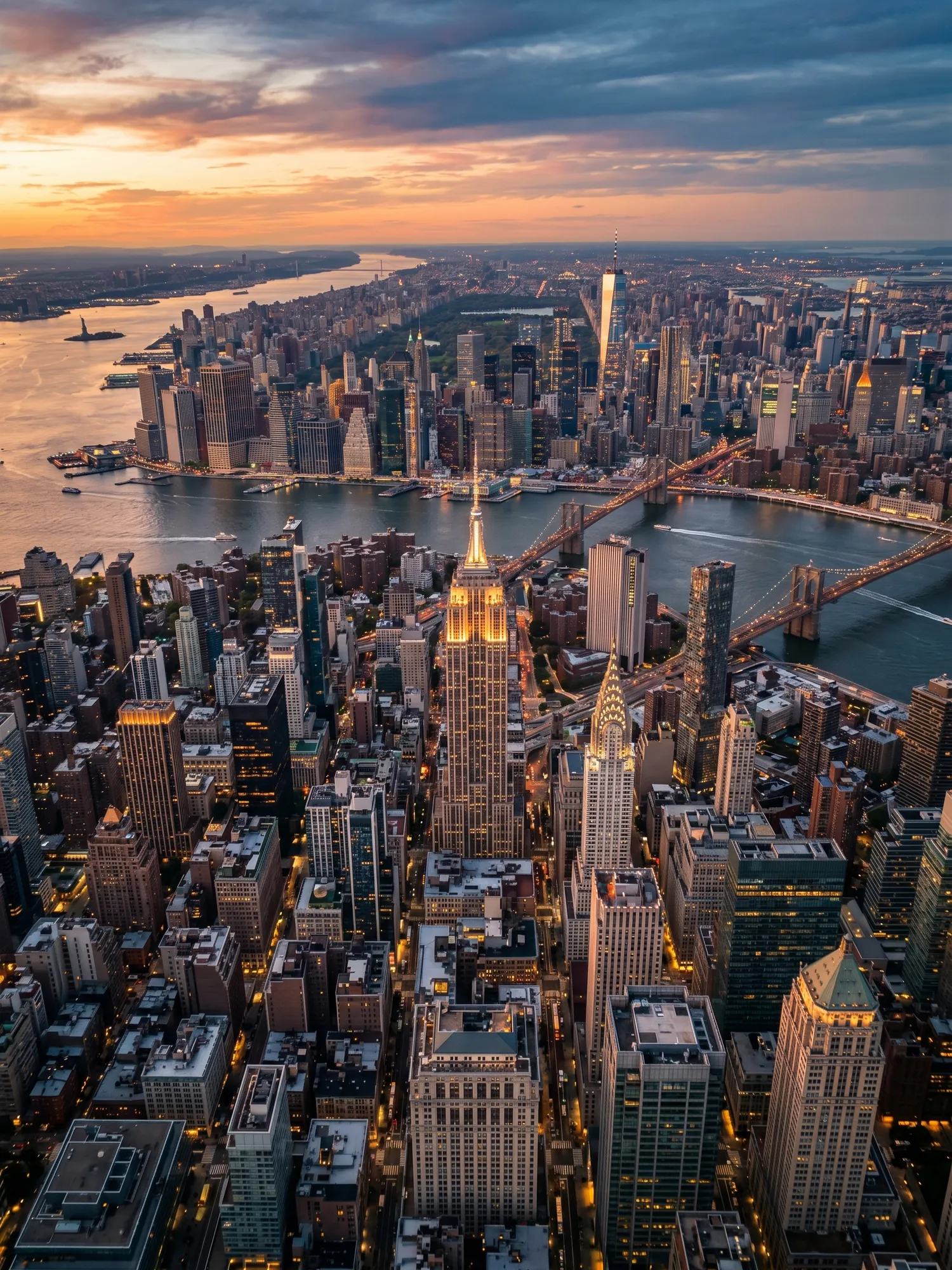 Panoramic aerial view of New York skyline at golden hour