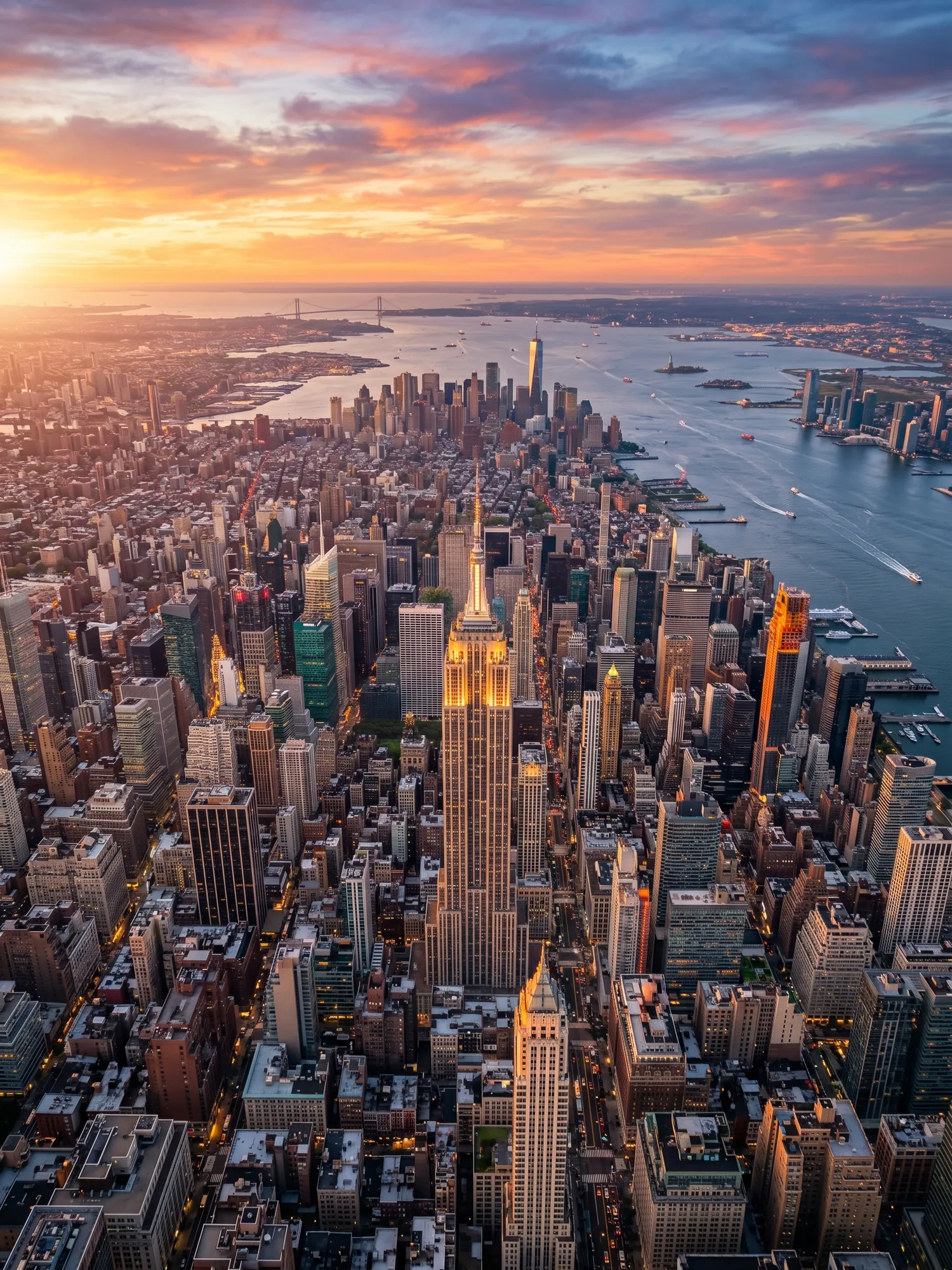 Panoramic aerial view of New York skyline at golden hour